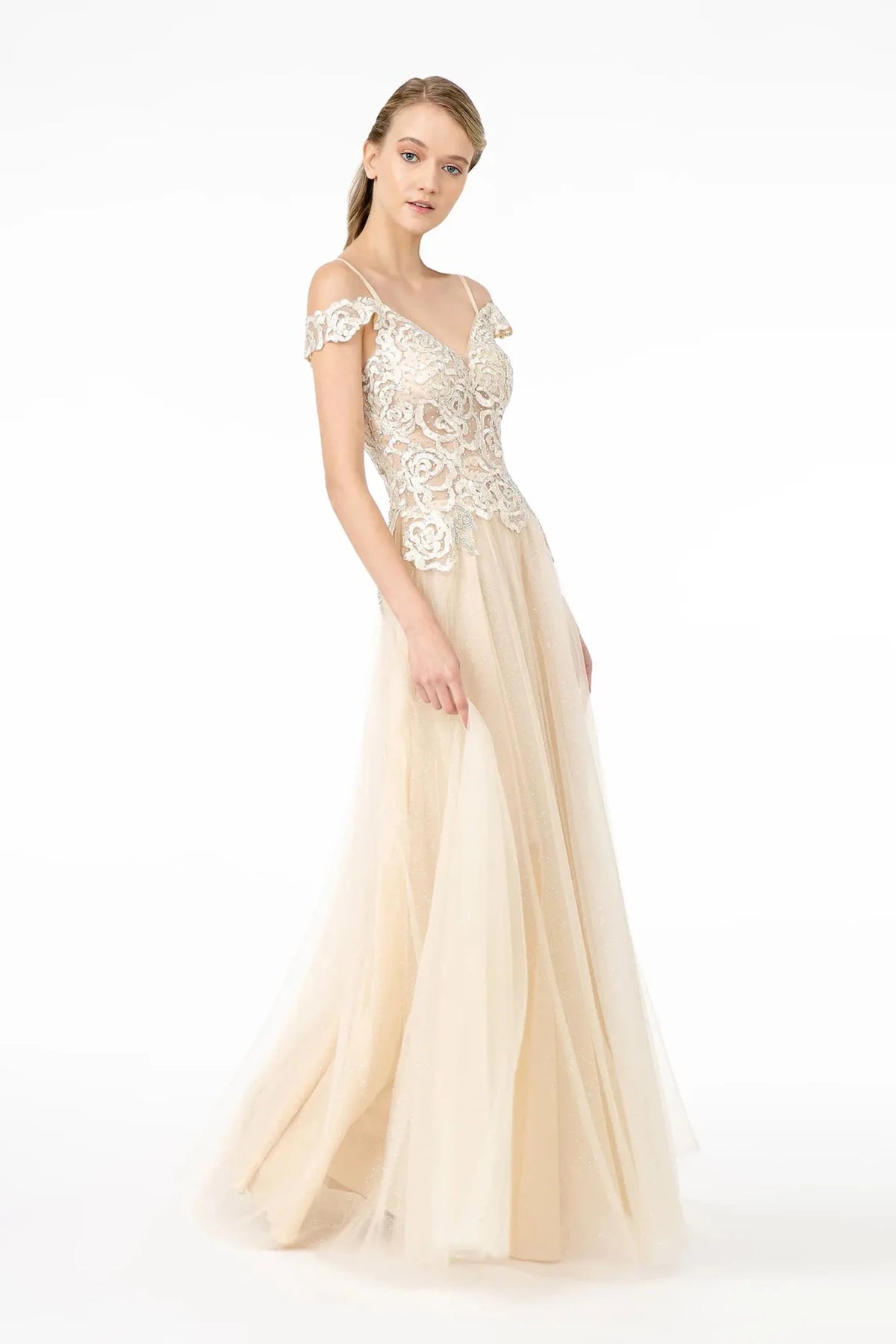 Champagne embroidered prom evening dress full front
