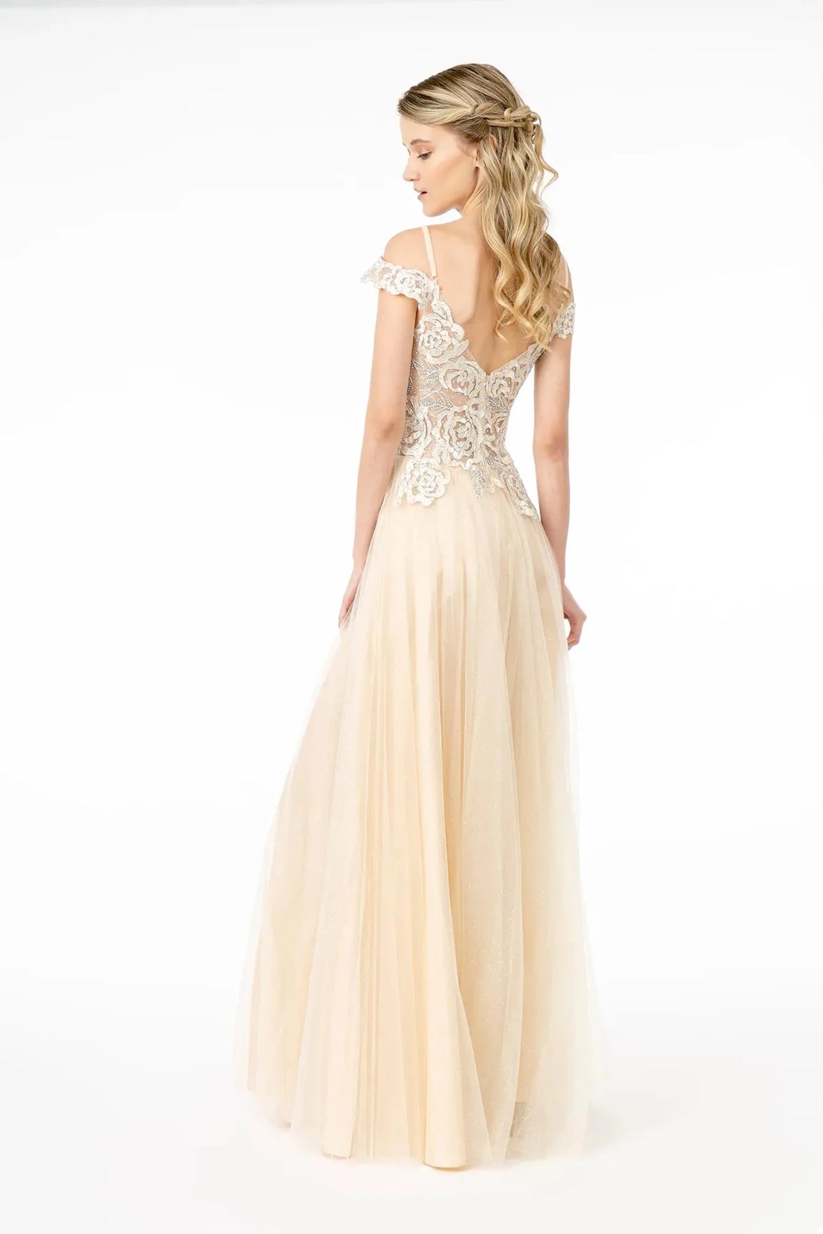 Champagne prom evening dress full back with open back
