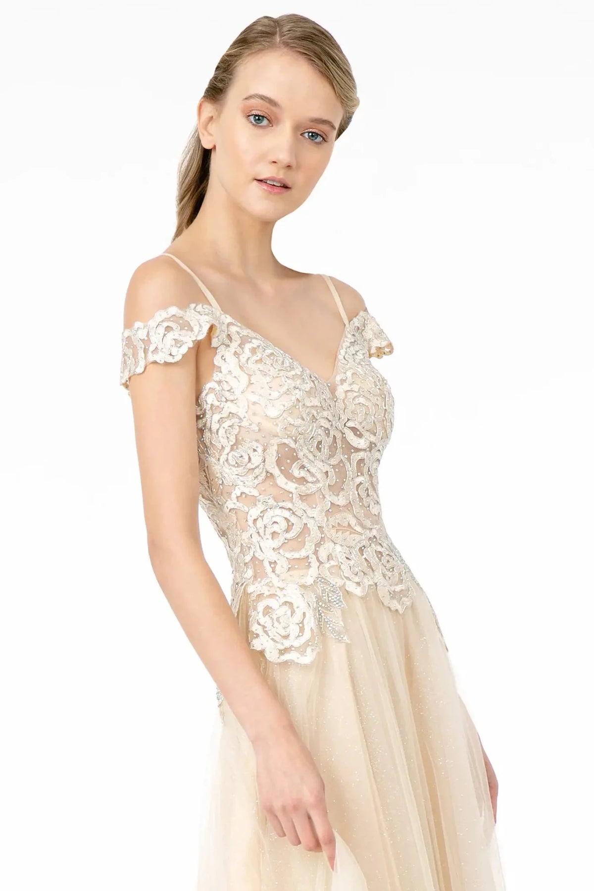 Champagne v-neck prom evening dress upper front with embroidery