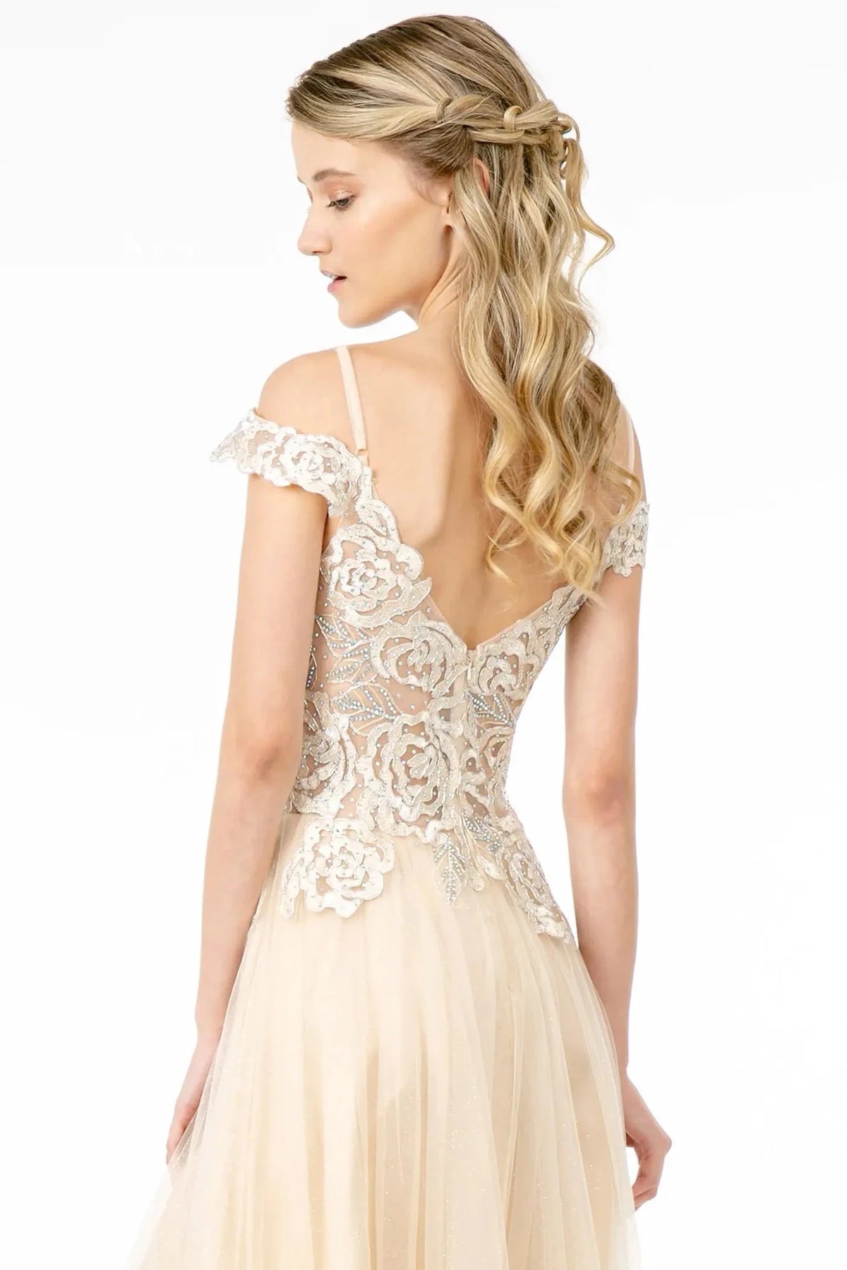 Champagne prom evening dress a-line skirt detail