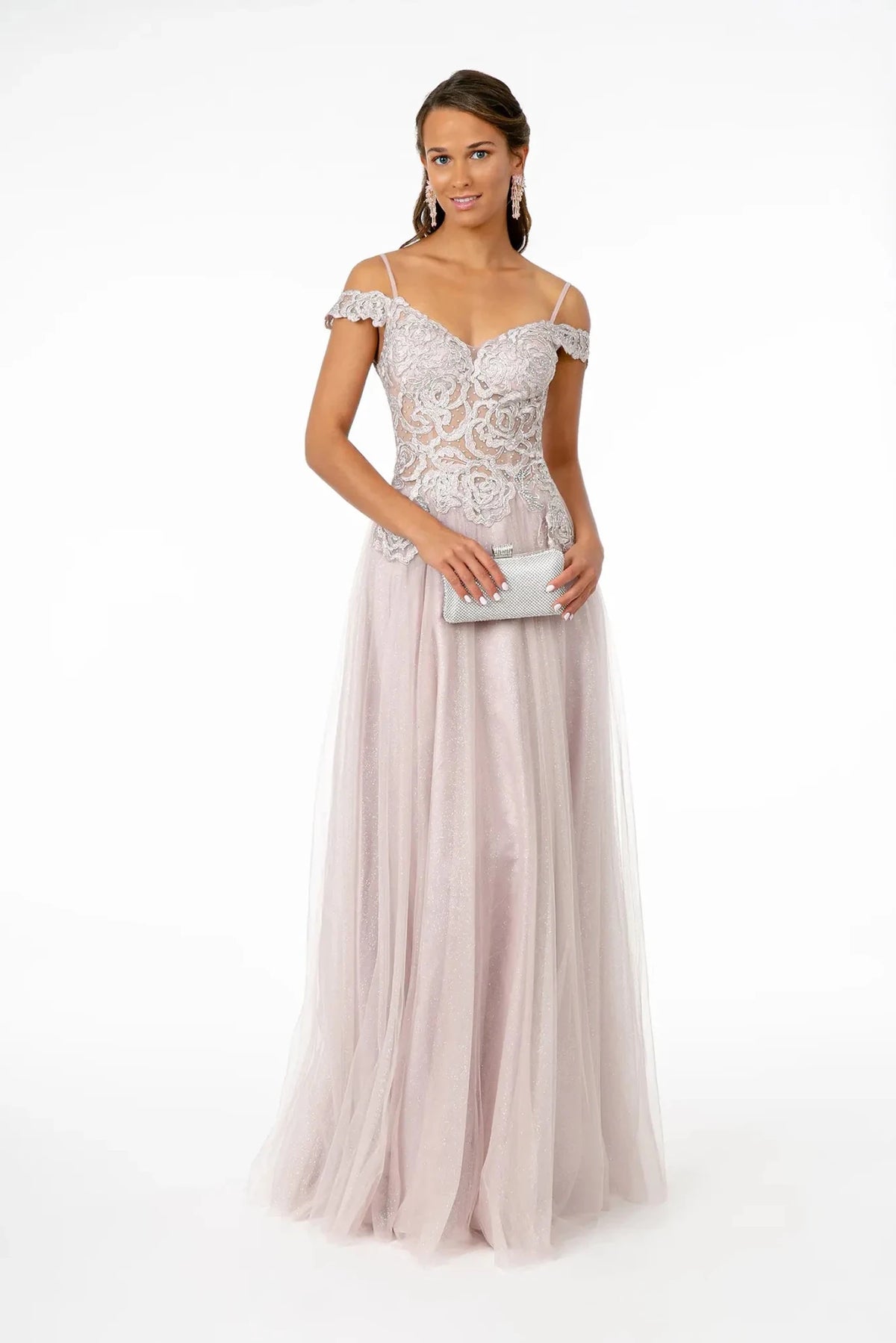 Mauve embroidered prom evening dress full front
