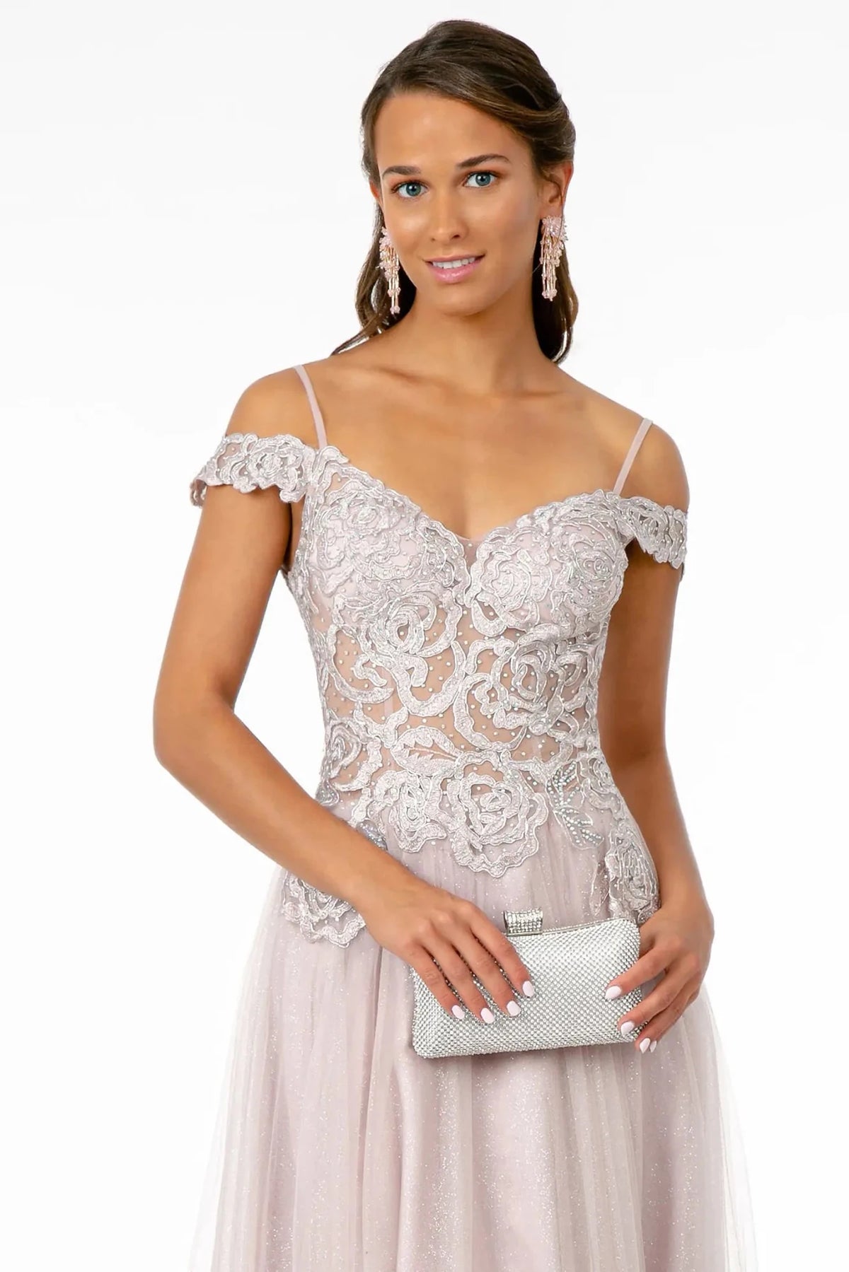 Mauve v-neck prom evening dress upper front with embroidery