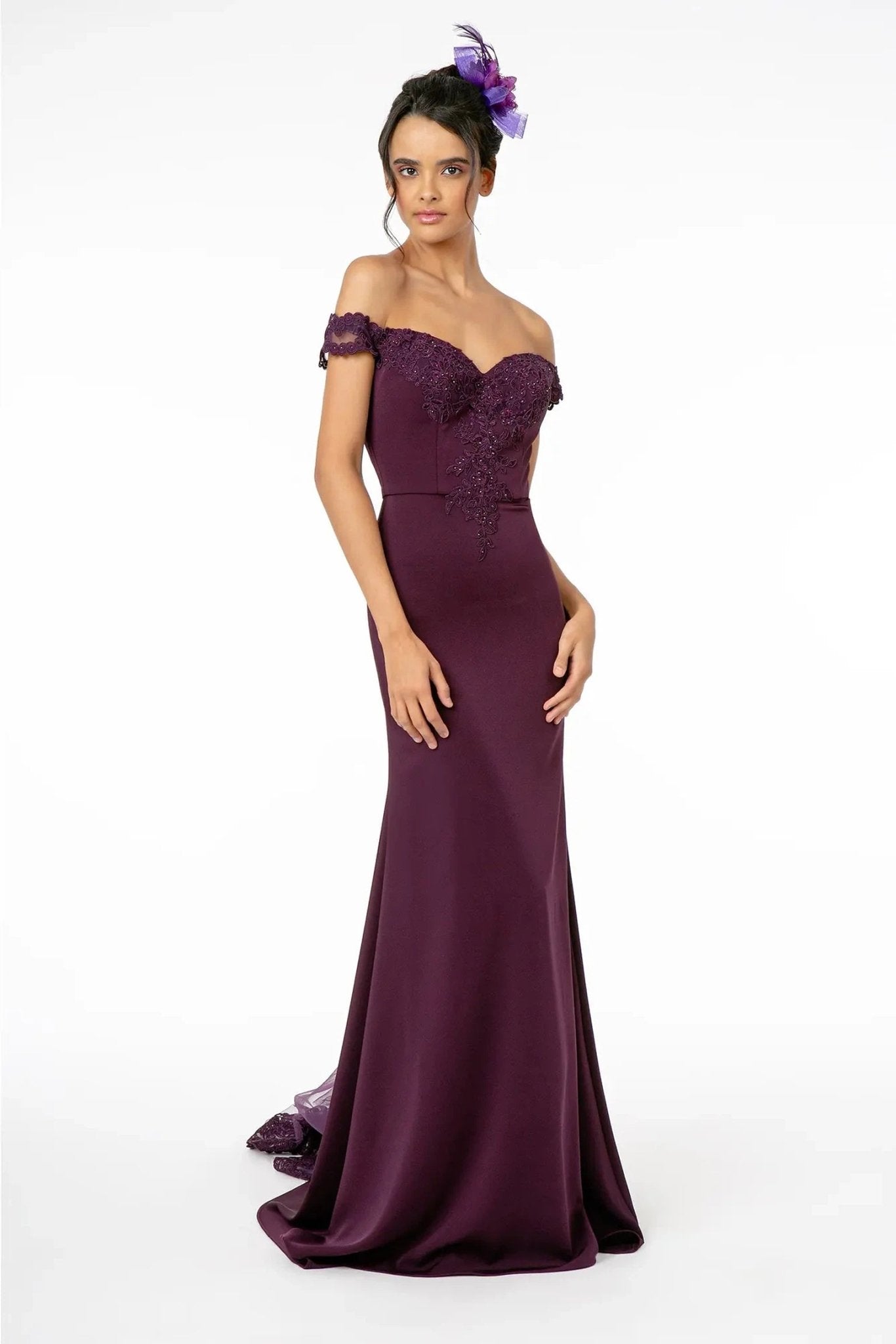 Eggplant embellished embroidery formal dress detail
