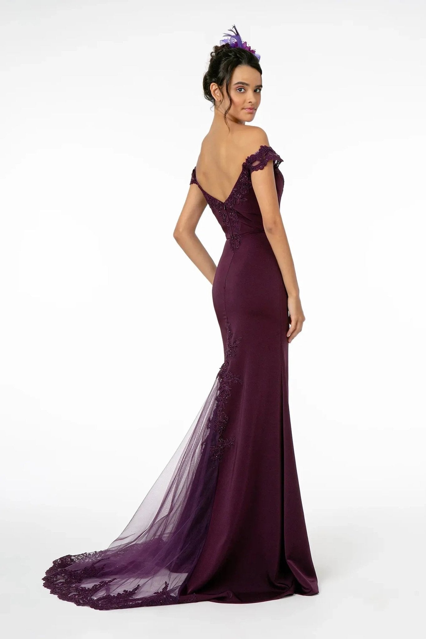 Eggplant embellished embroidery formal dress full back view