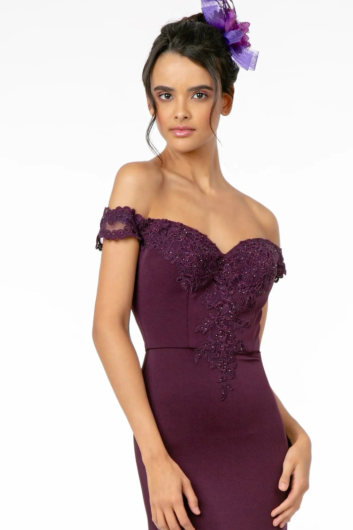 Eggplant embellished embroidery formal dress back bodice detail