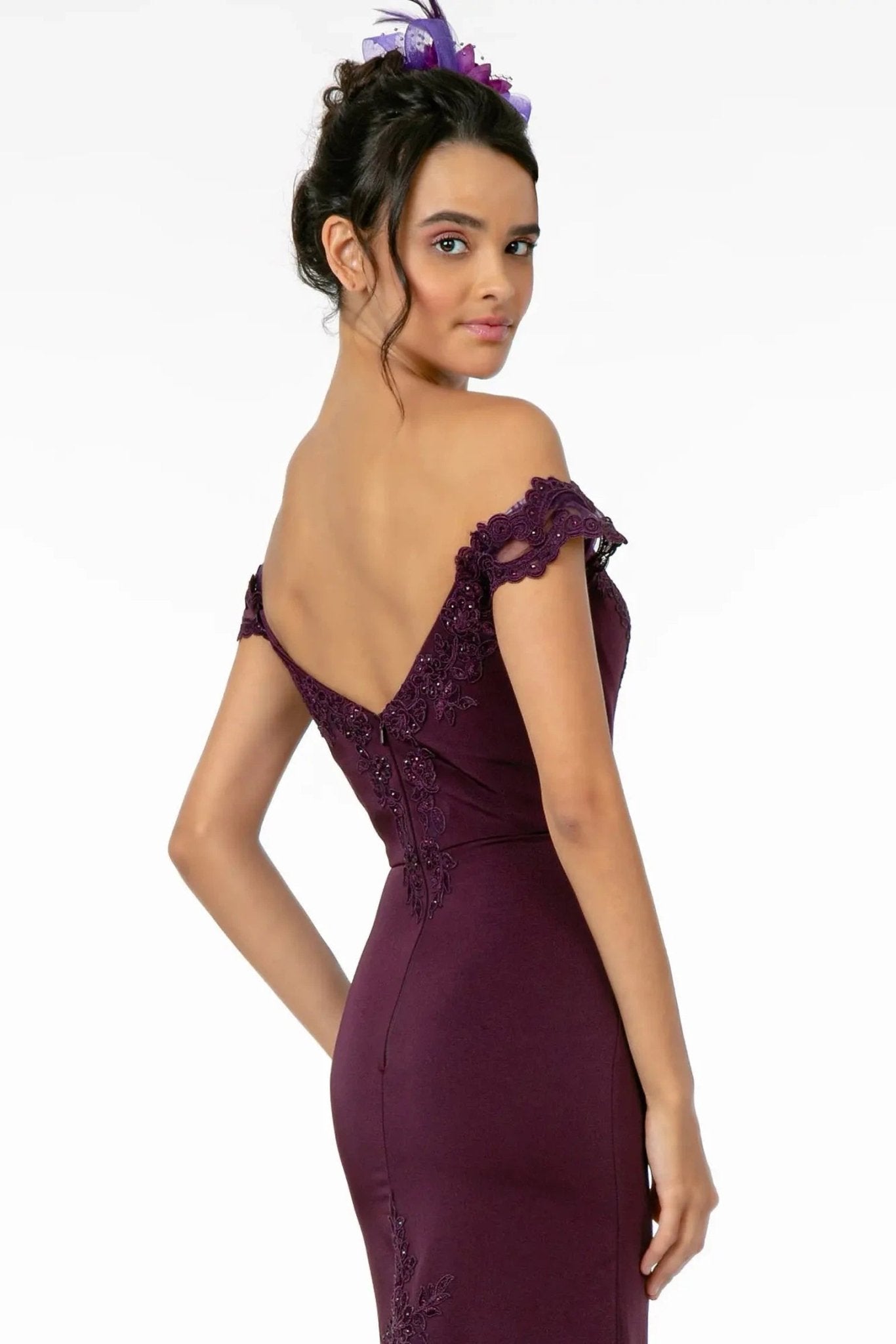 Eggplant embellished embroidery formal dress full front view