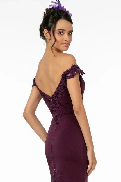 Full-length view highlights eggplant embellished embroidery Purple Embellished formal dress.