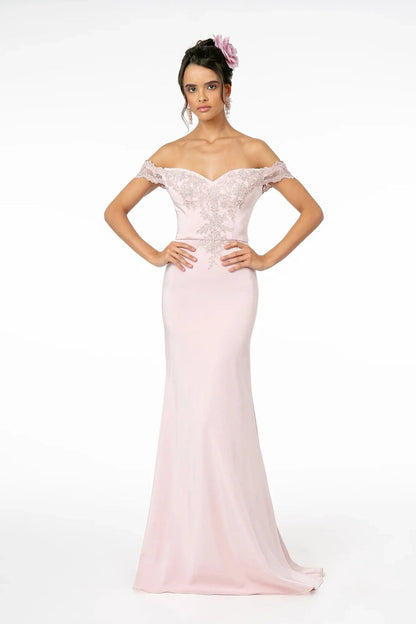 Detailed view highlights mauve embellished embroidery formal dress detail.