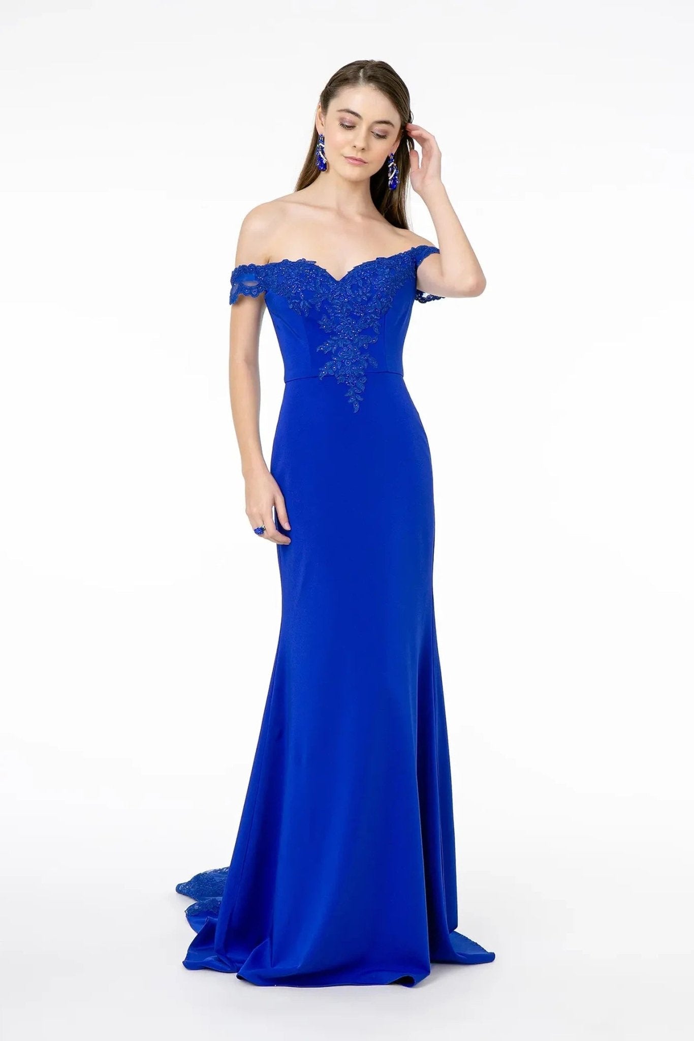 Royal Blue embellished embroidery formal dress front bodice view