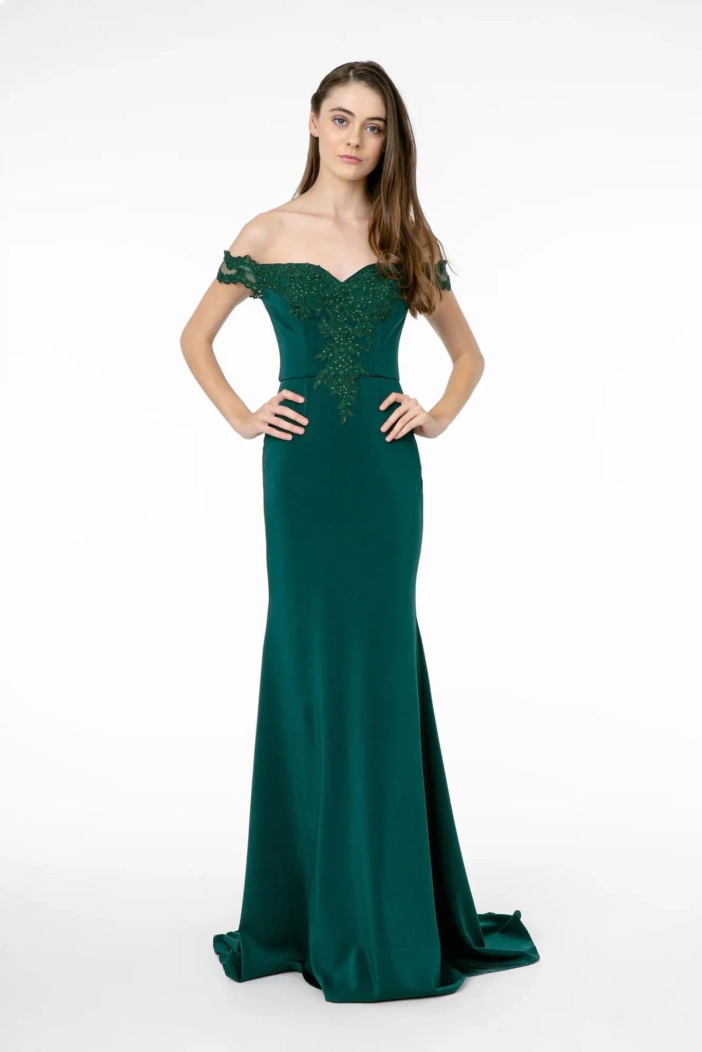 Teal embellished embroidery formal dress full front view