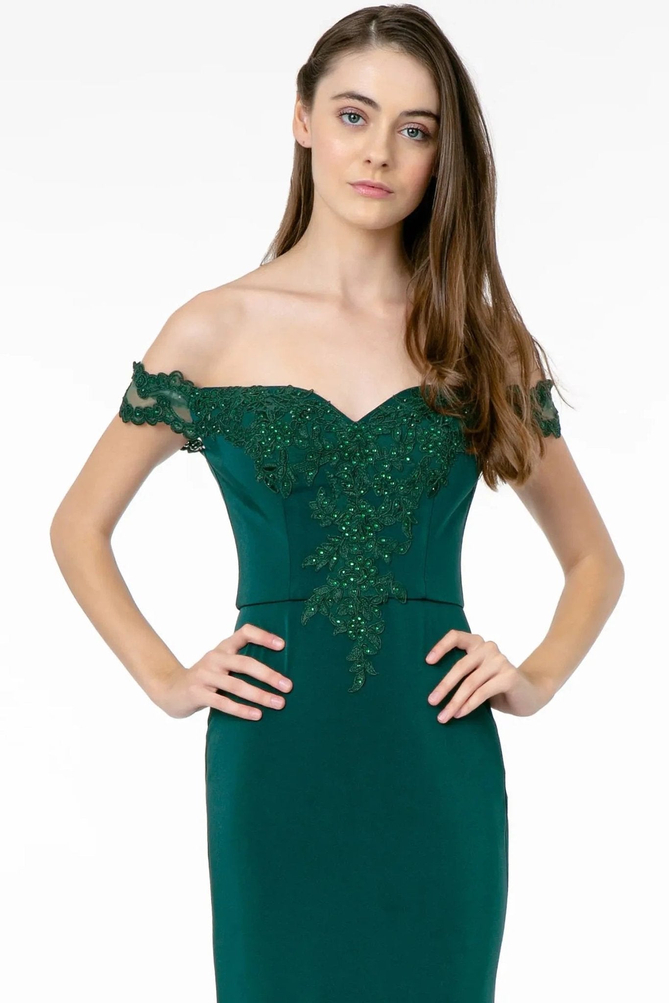 Teal embellished embroidery formal dress side detail
