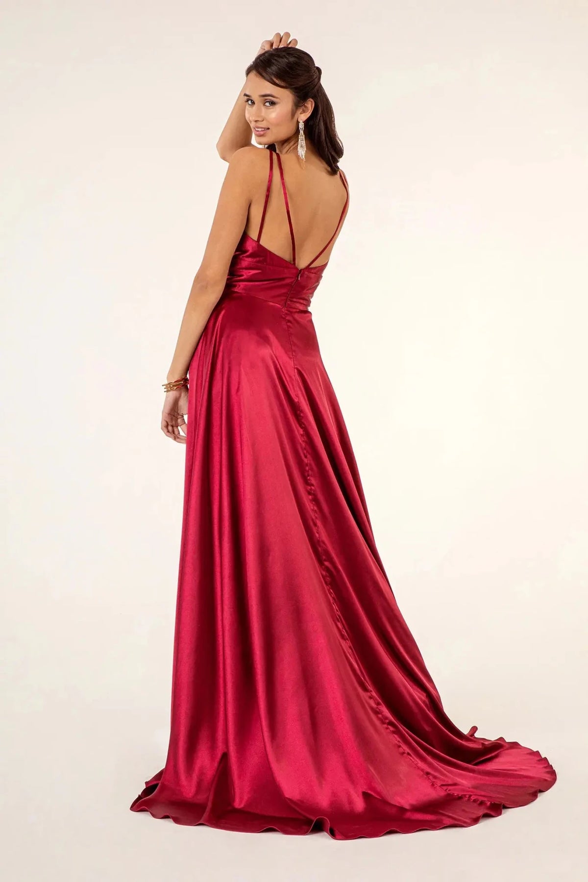Burgundy prom evening dress full back with open back