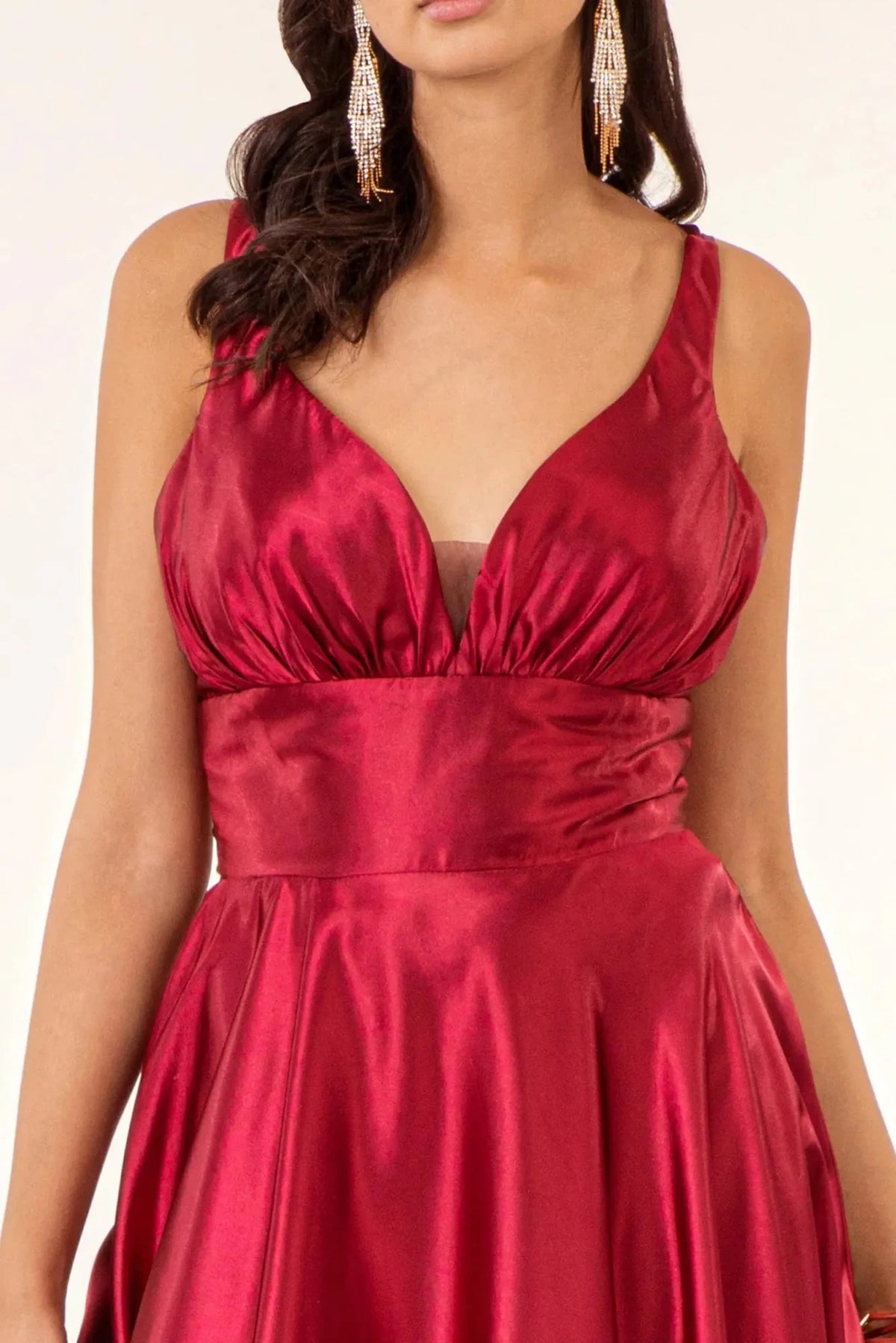Burgundy illusion sweetheart prom evening dress upper front with slit, sweetheart, v-neck