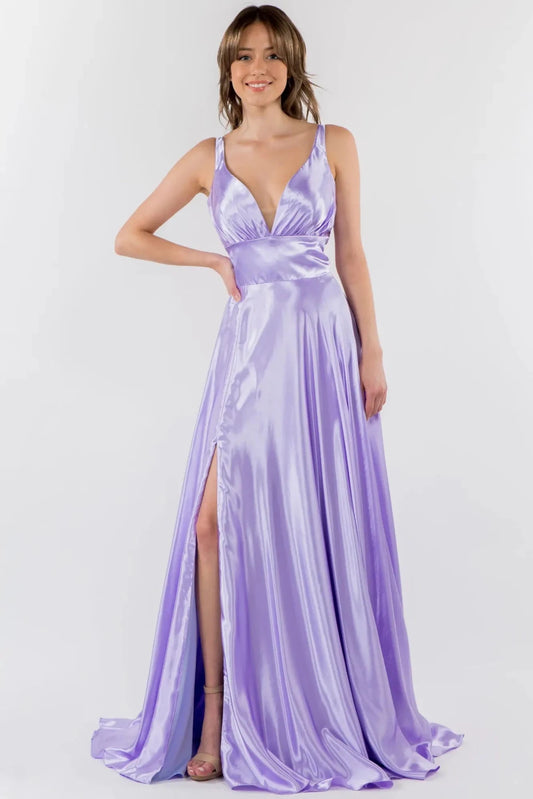 Full-length front view shows sweetheart styling on the Lilac prom evening dress.