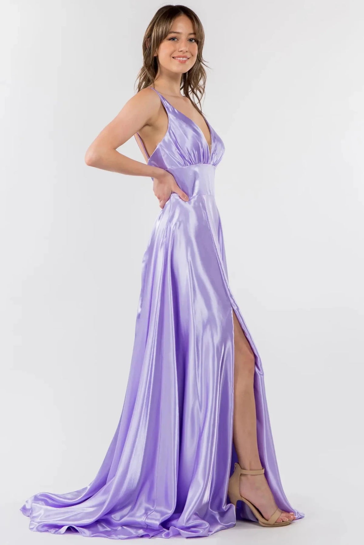 Lilac prom evening dress full back with open back