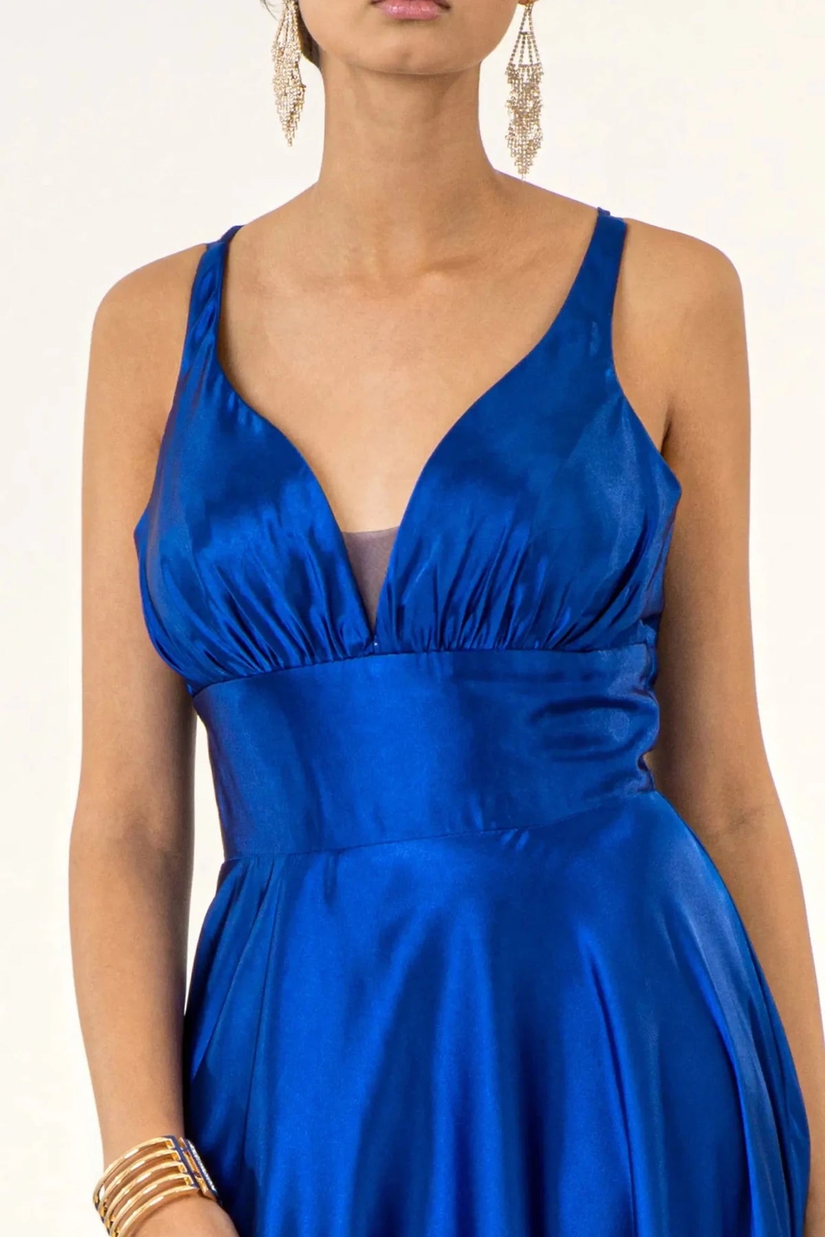 Royal Blue illusion sweetheart prom evening dress upper front with slit, sweetheart, v-neck