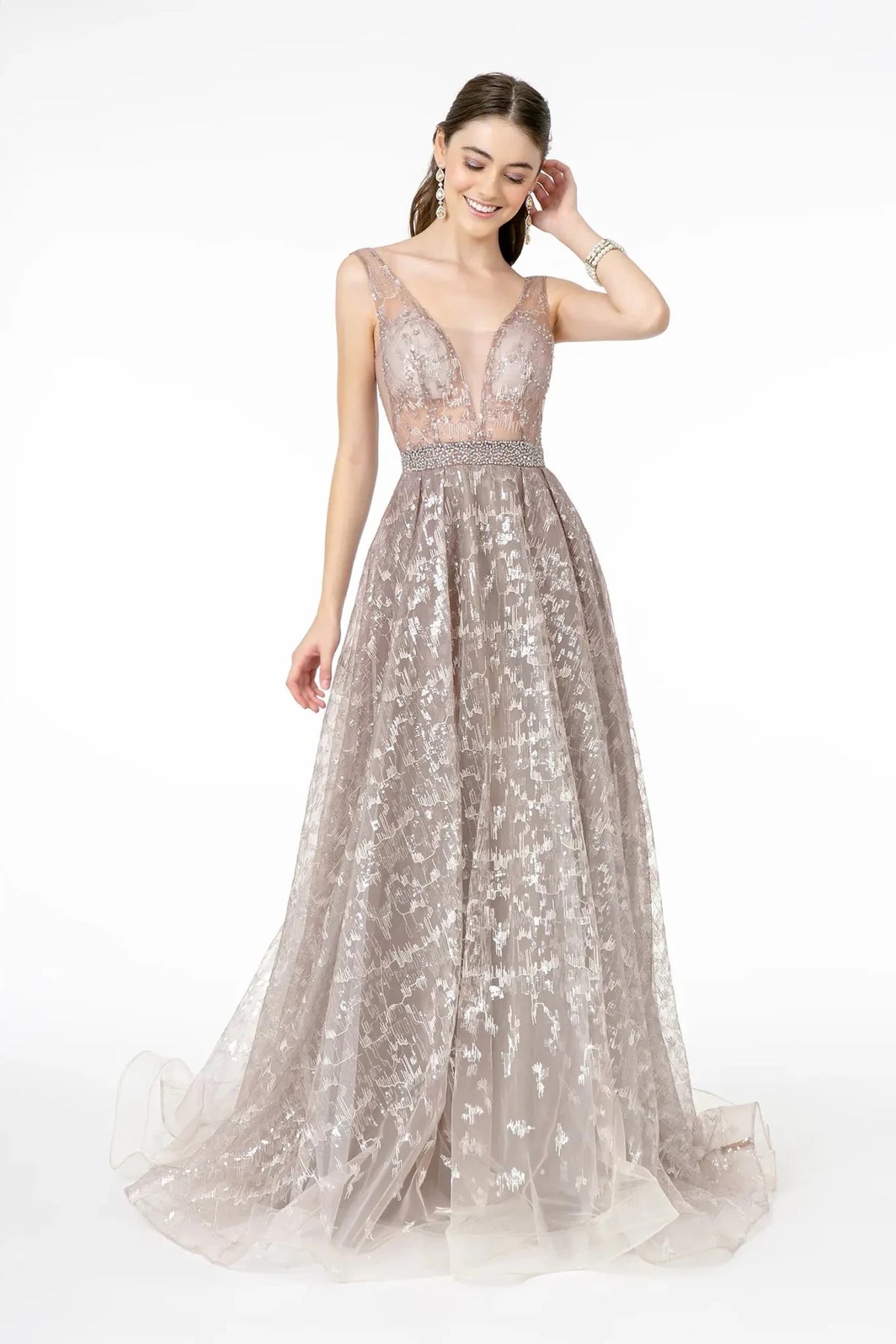 Mauve embroidered prom evening dress full front