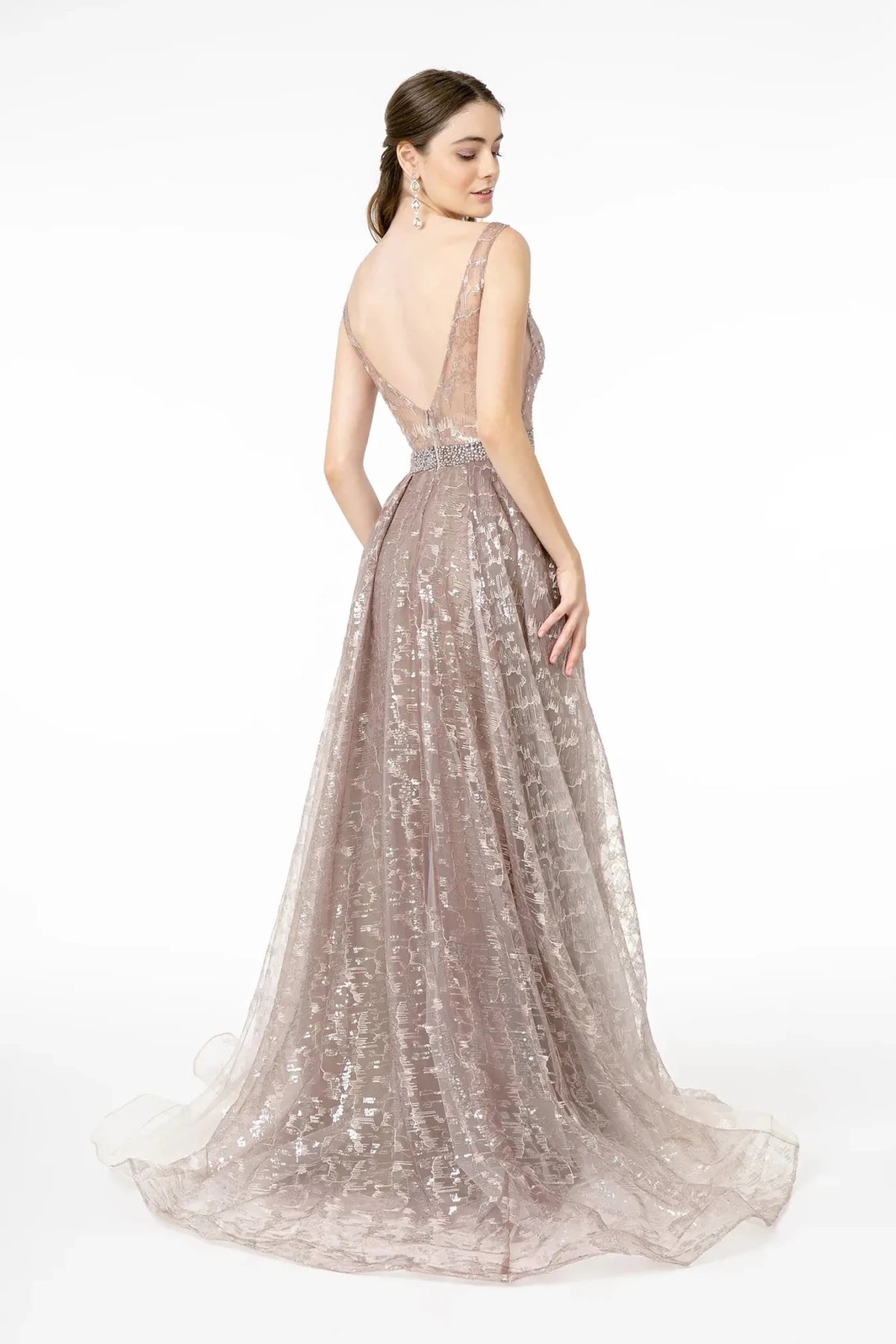 Mauve prom evening dress full back with open back