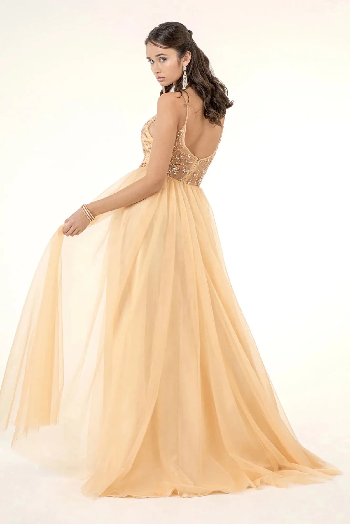 Champagne prom evening dress full back with open back