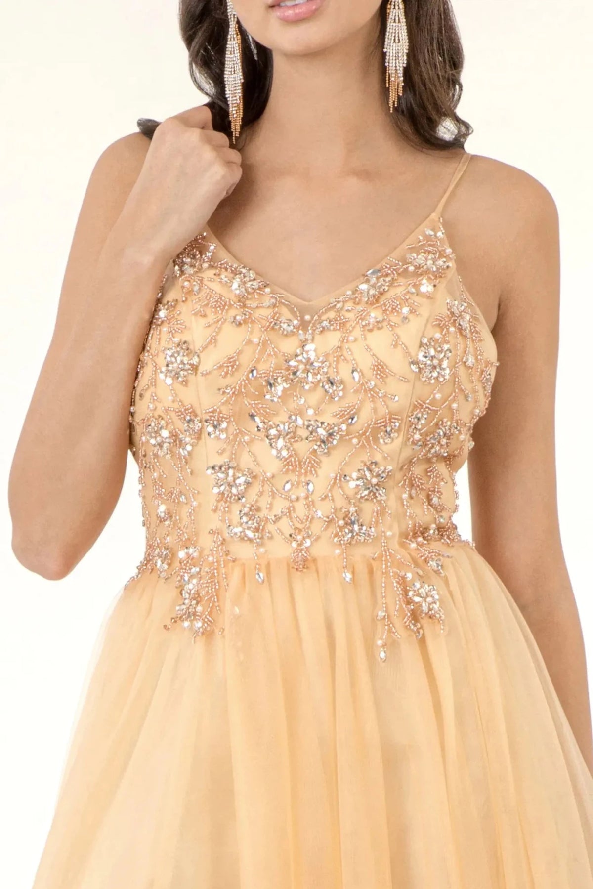 Champagne v-neck prom evening dress upper front with beads, sequin