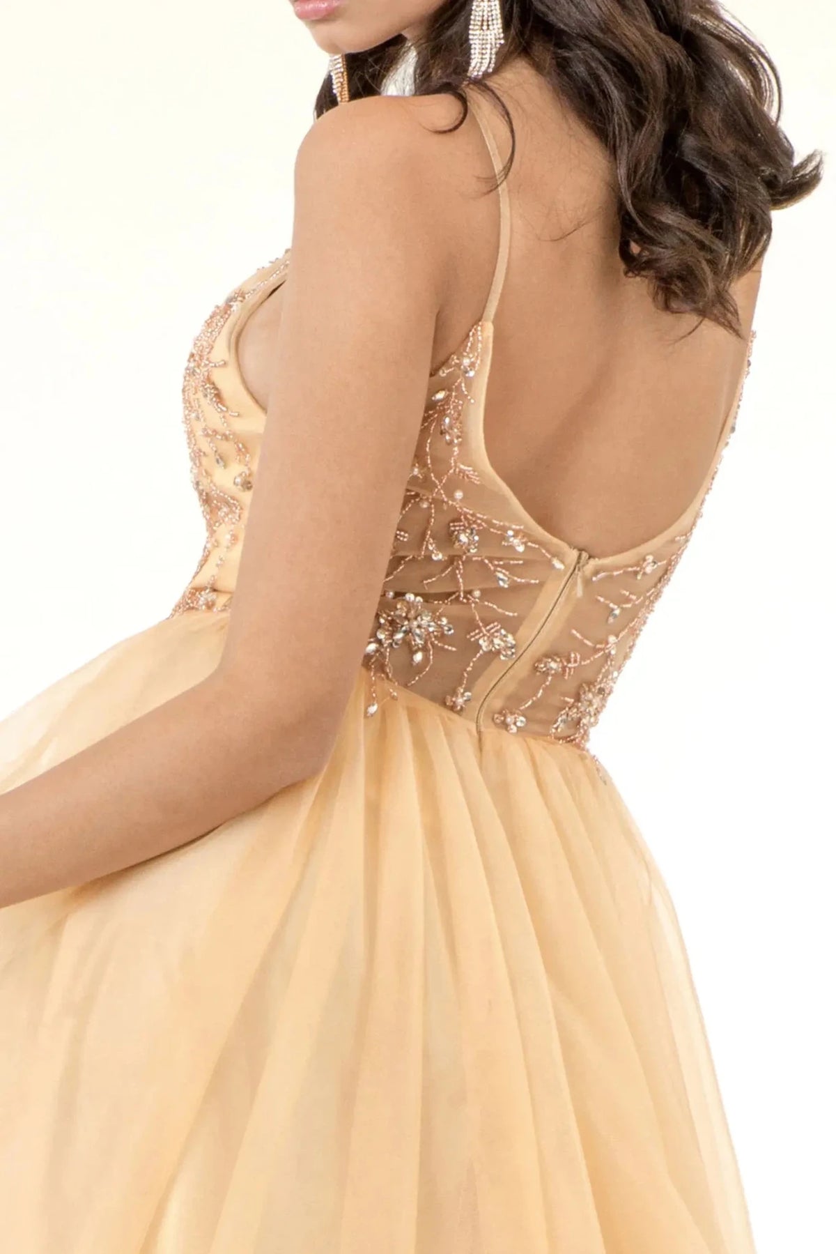 Champagne prom evening dress a-line skirt detail