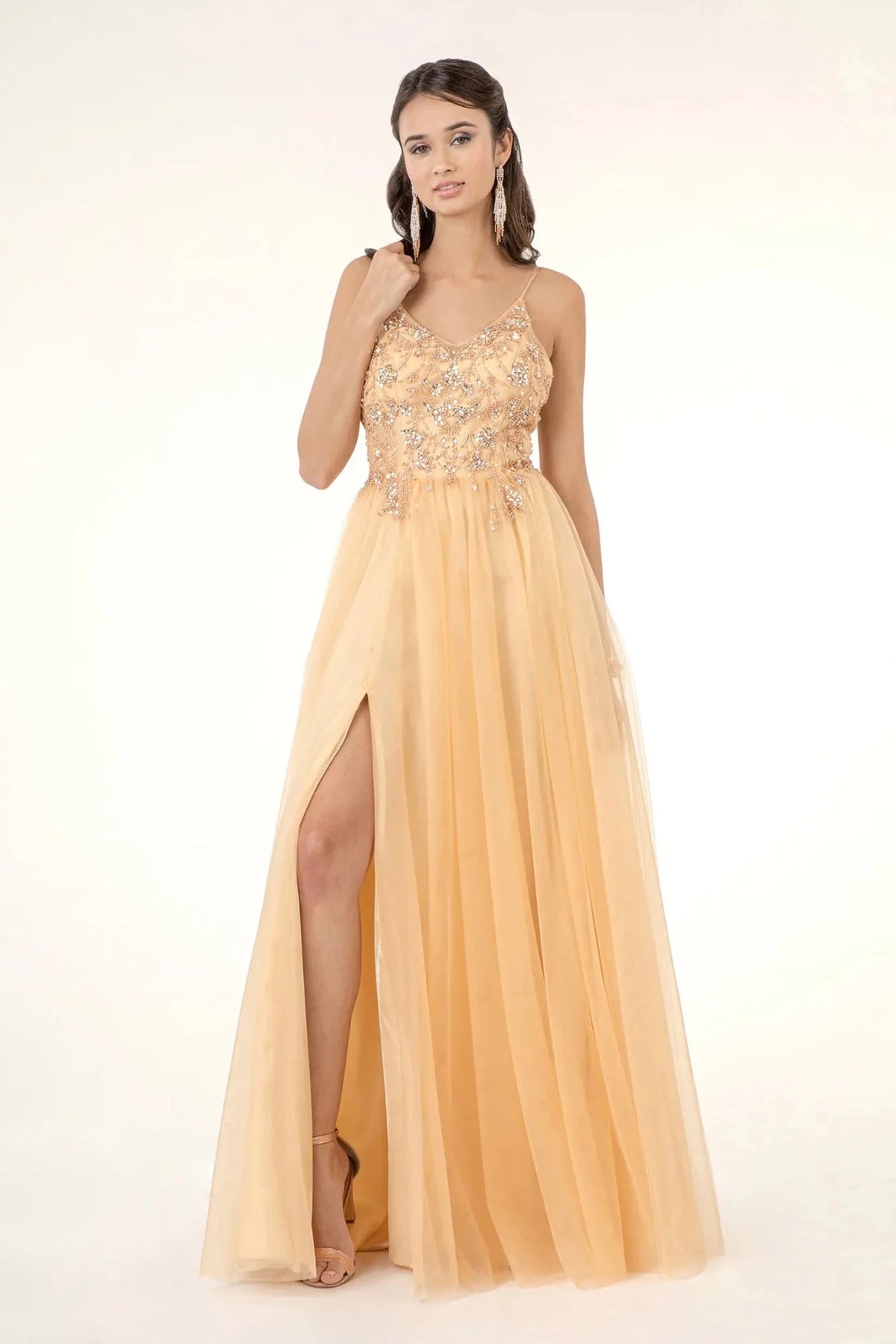 Champagne prom evening dress spaghetti strap bodice detail