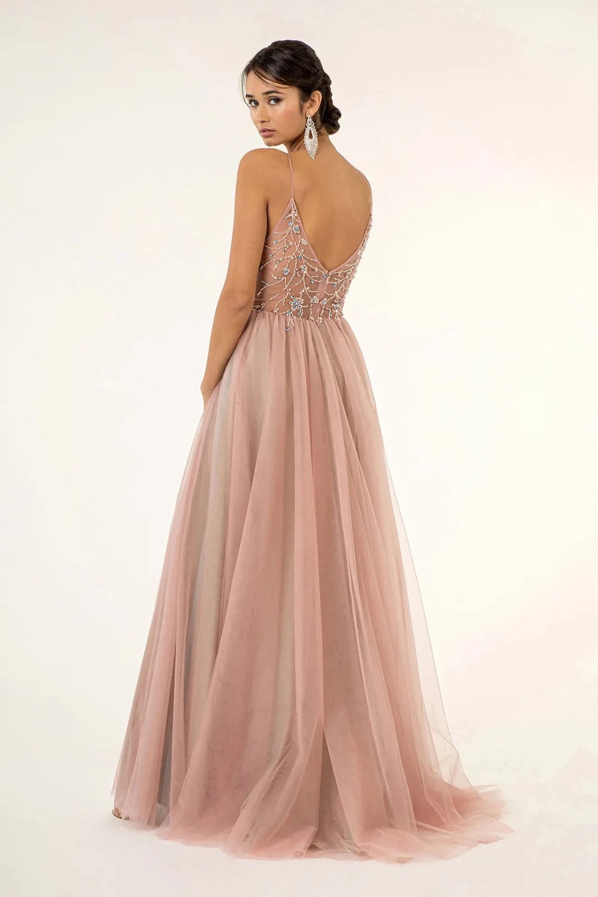 Mauve prom evening dress full back with open back