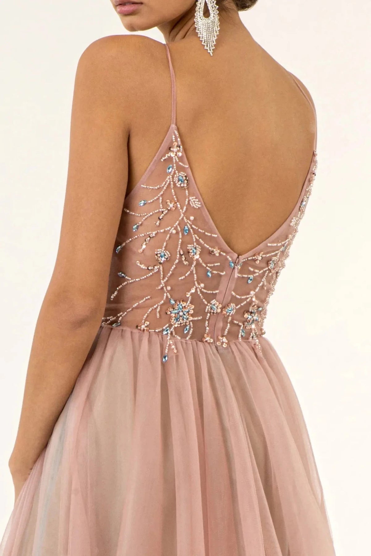 Mauve prom evening dress a-line skirt detail
