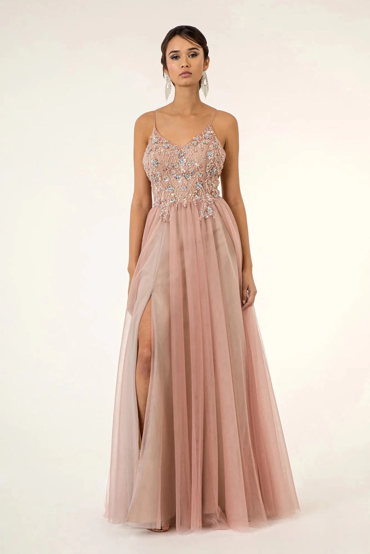 Mauve prom evening dress spaghetti strap bodice detail