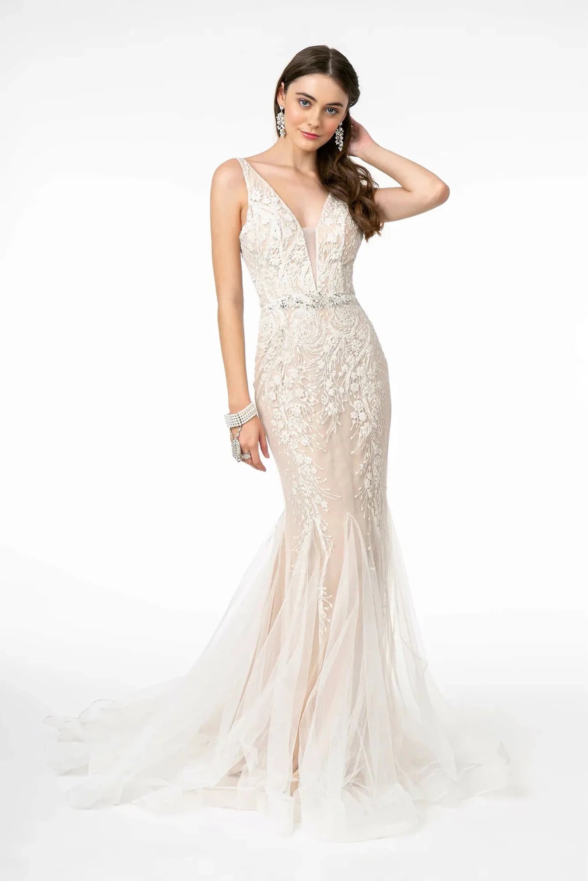 Ivory/Cream beaded prom evening dress full front