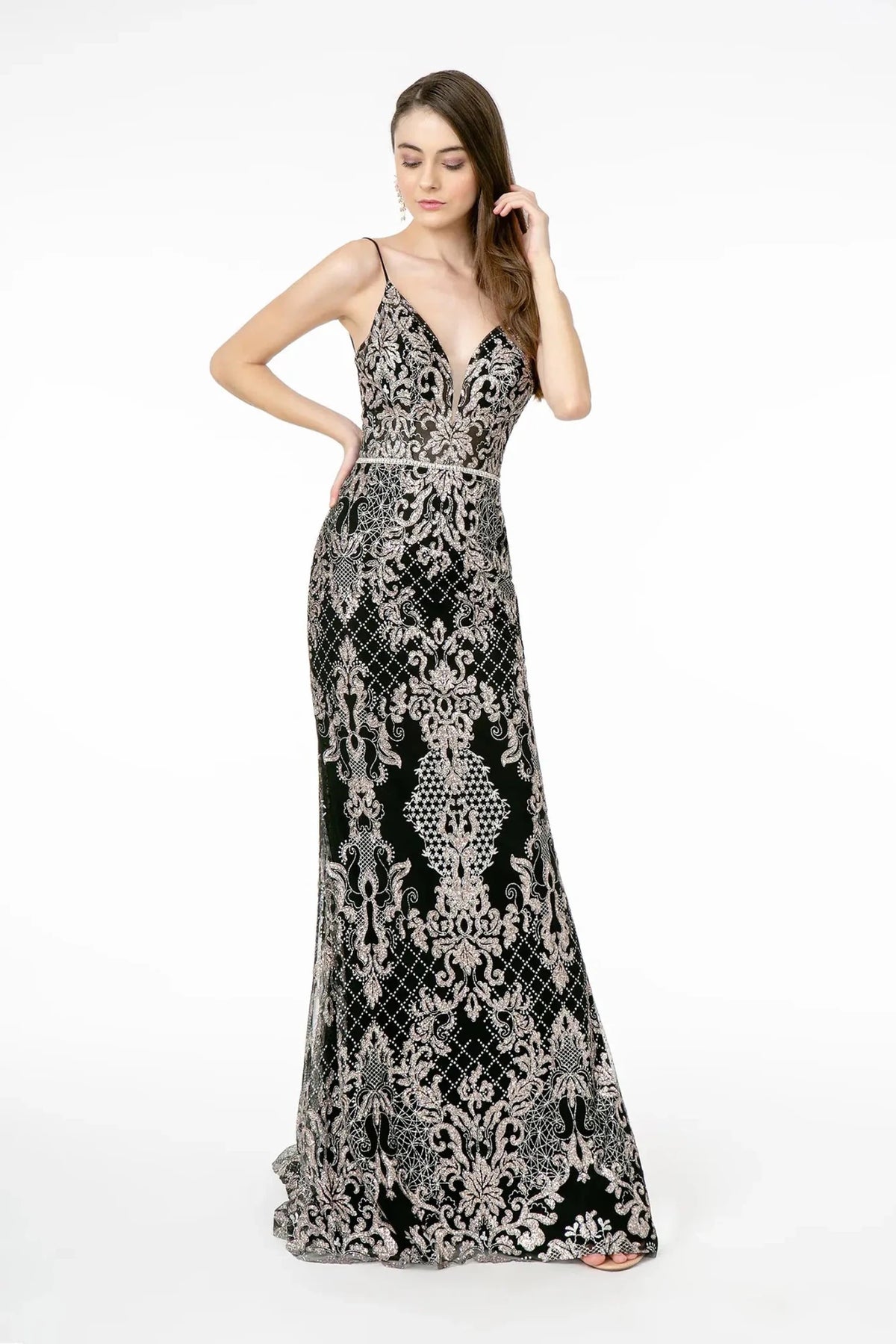 Black glitter prom evening dress full front
