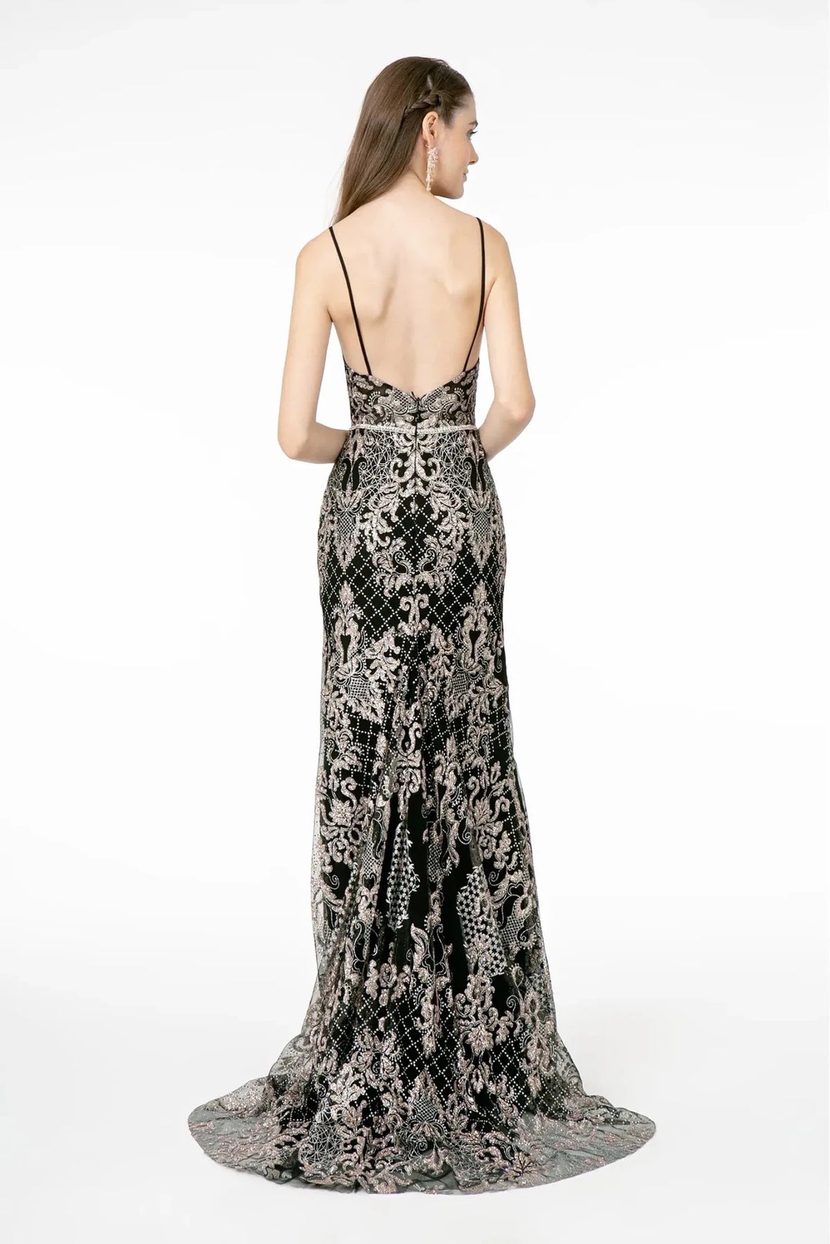 Black prom evening dress full back with open back