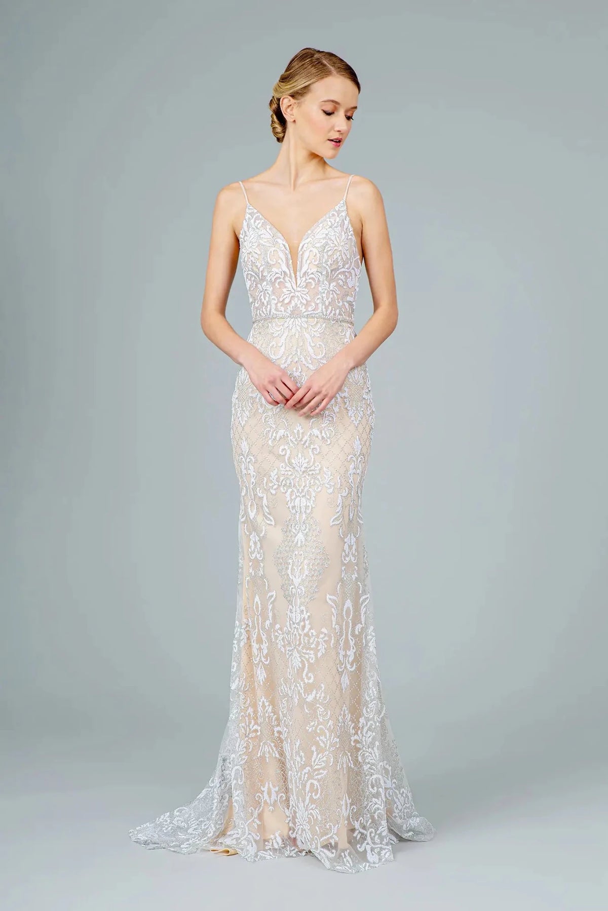 Ivory glitter prom evening dress full front