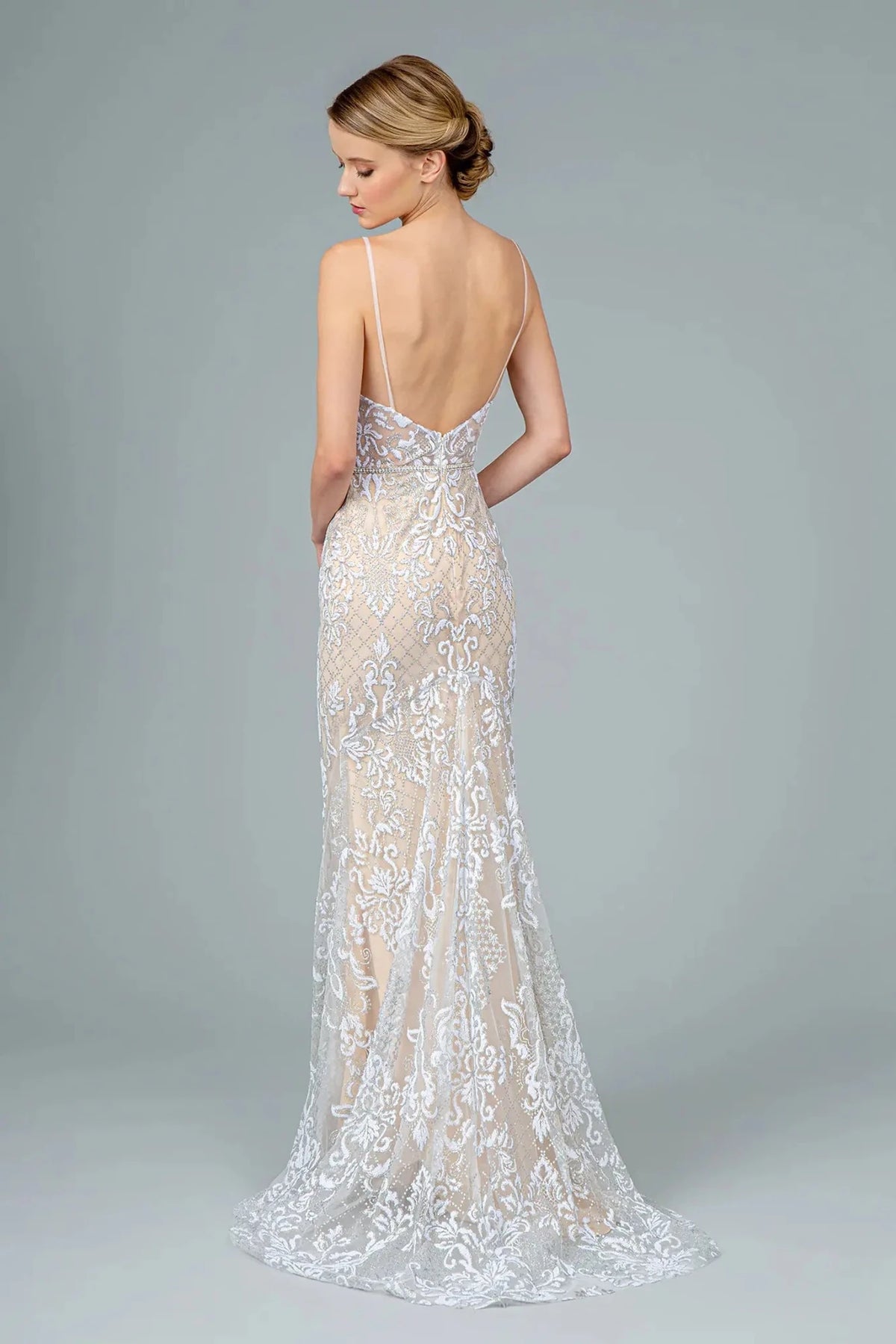 Ivory prom evening dress full back with open back