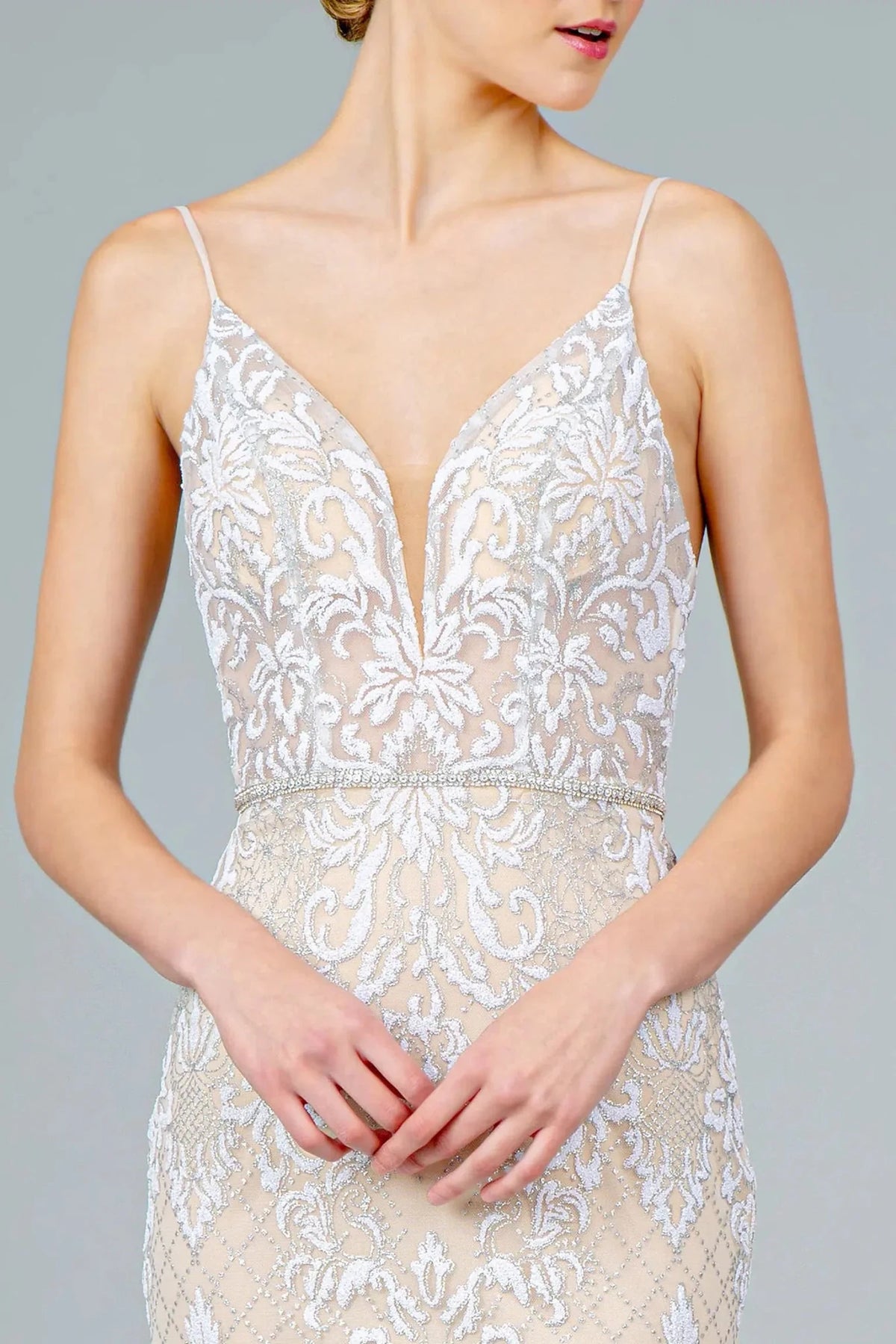Ivory illusion v-neck prom evening dress upper front with glitter