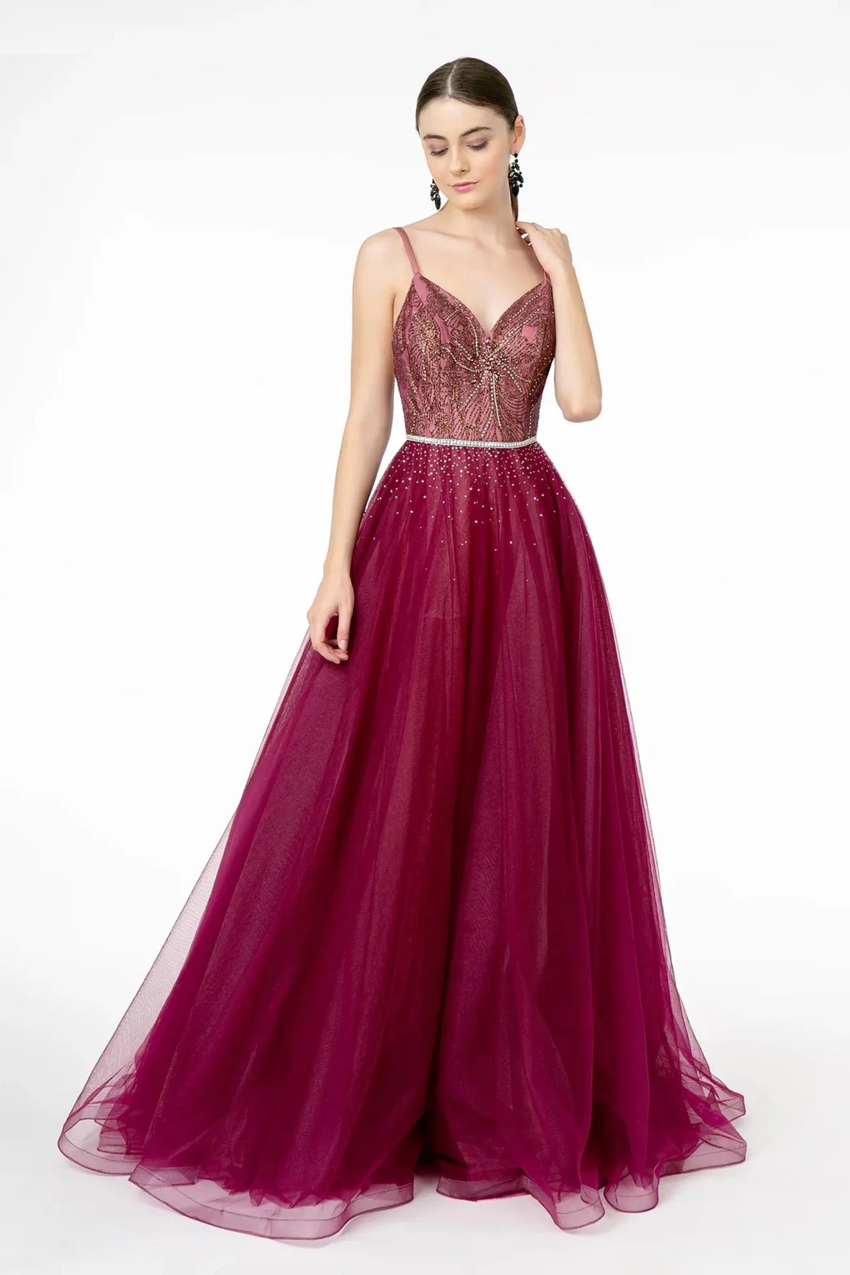 Wine beaded prom evening dress full front
