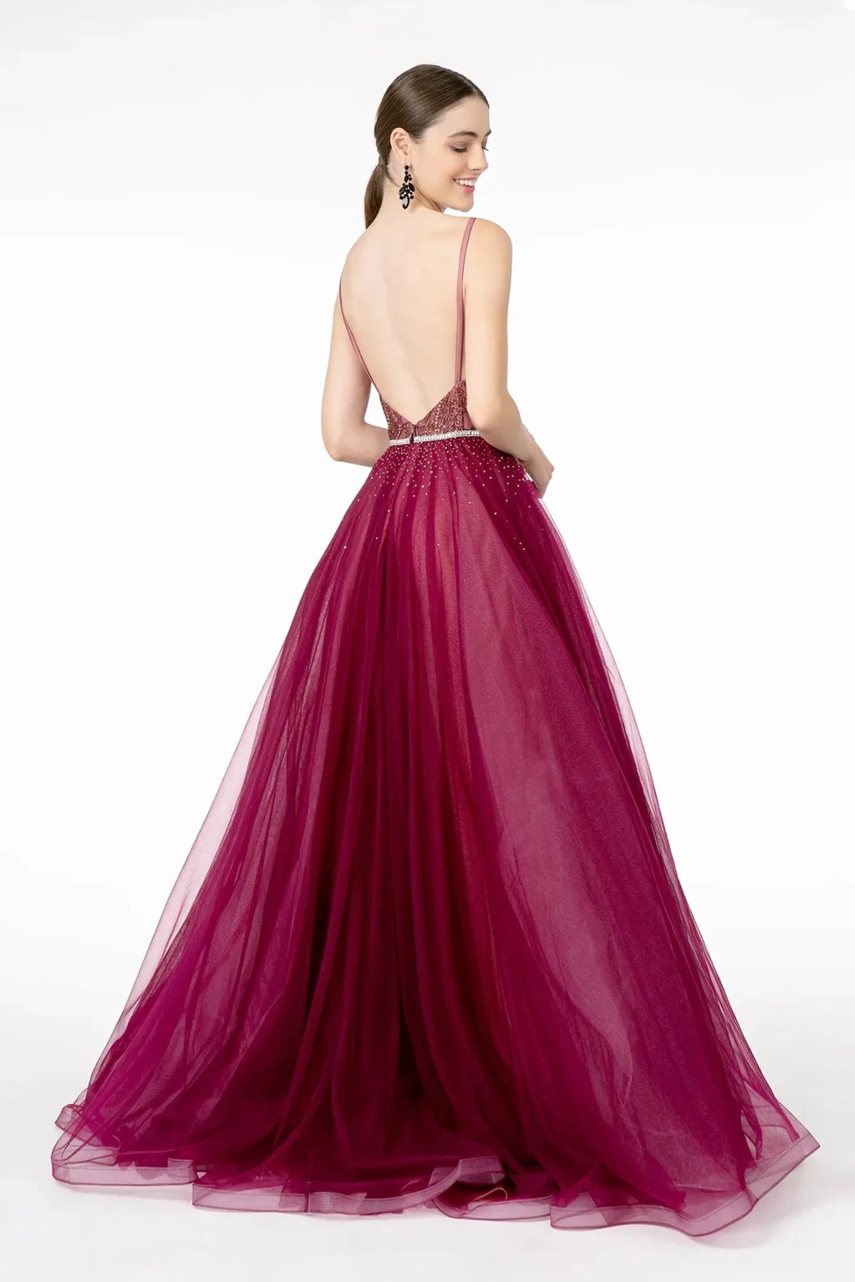 Wine prom evening dress full back with open back