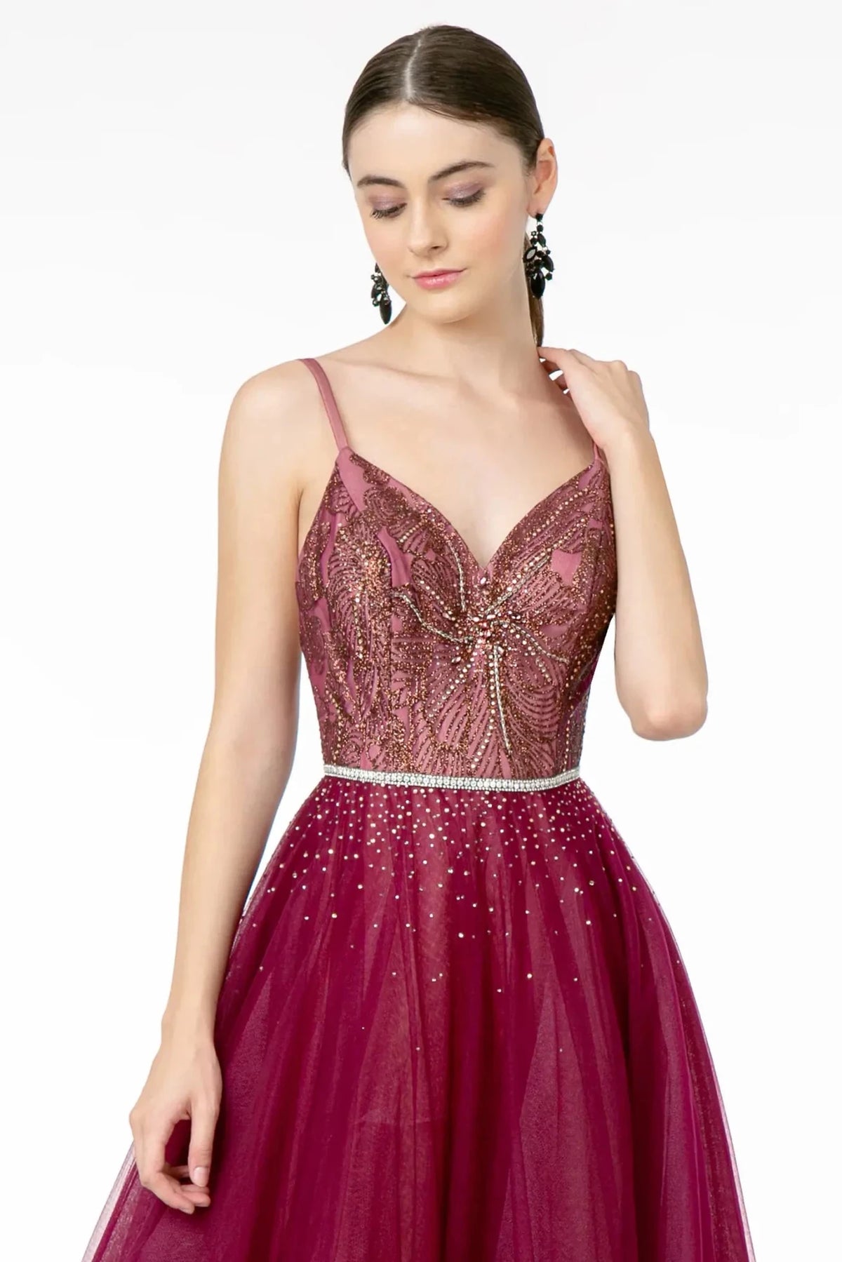 Wine v-neck prom evening dress upper front with glitter, jewel