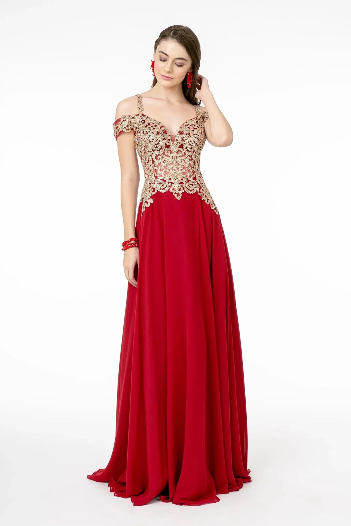 Burgundy embroidered prom evening dress full front