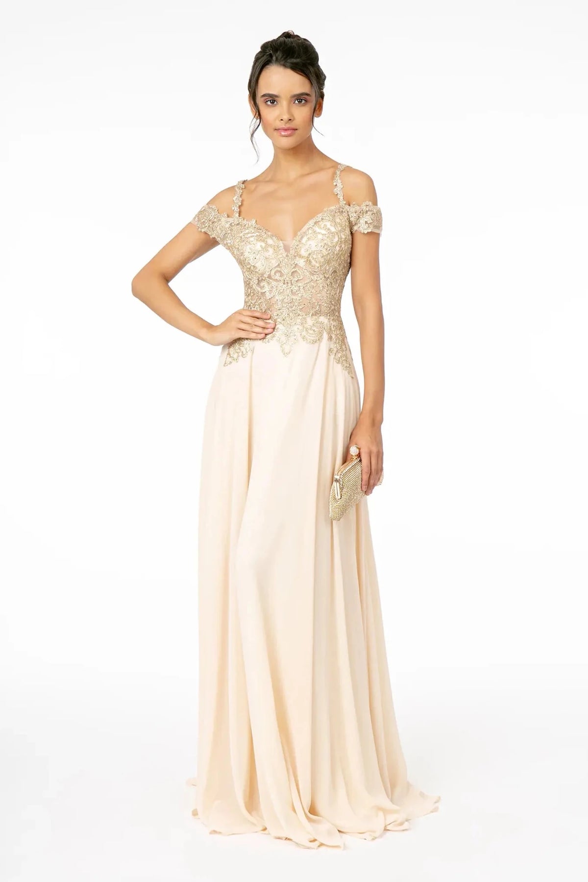 Champagne embroidered prom evening dress full front