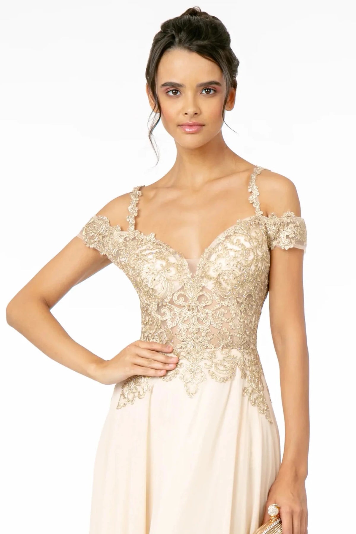 Champagne prom evening dress full back with sheer back