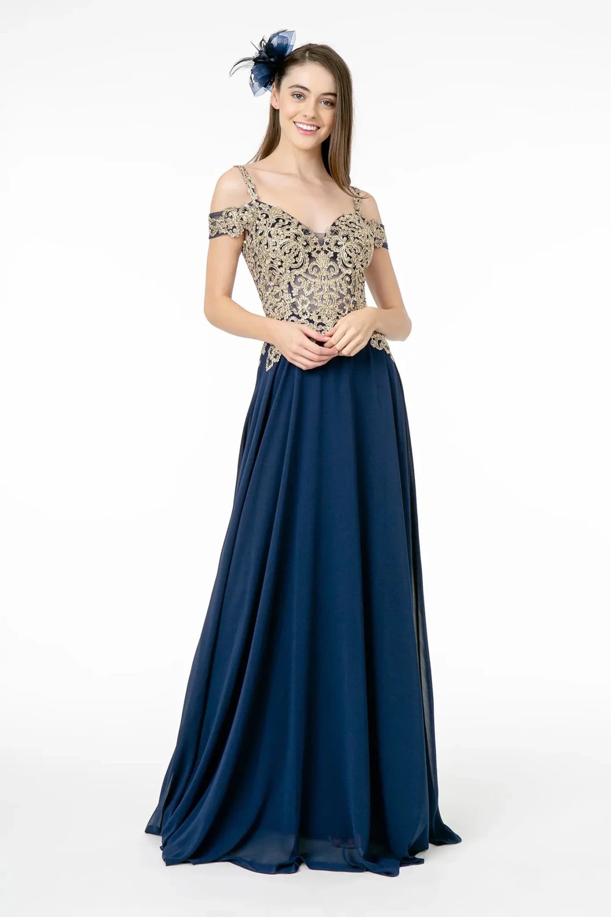 Navy embroidered prom evening dress full front
