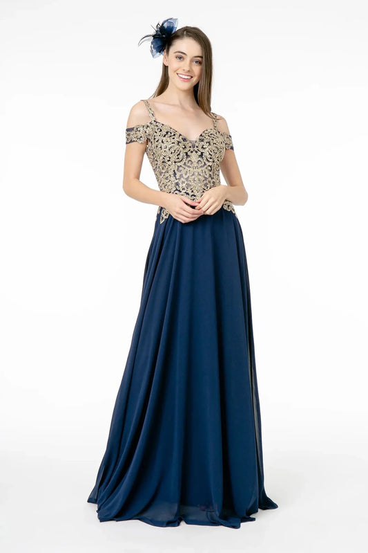 Full-length front view shows embroidered styling on the Navy prom evening dress.