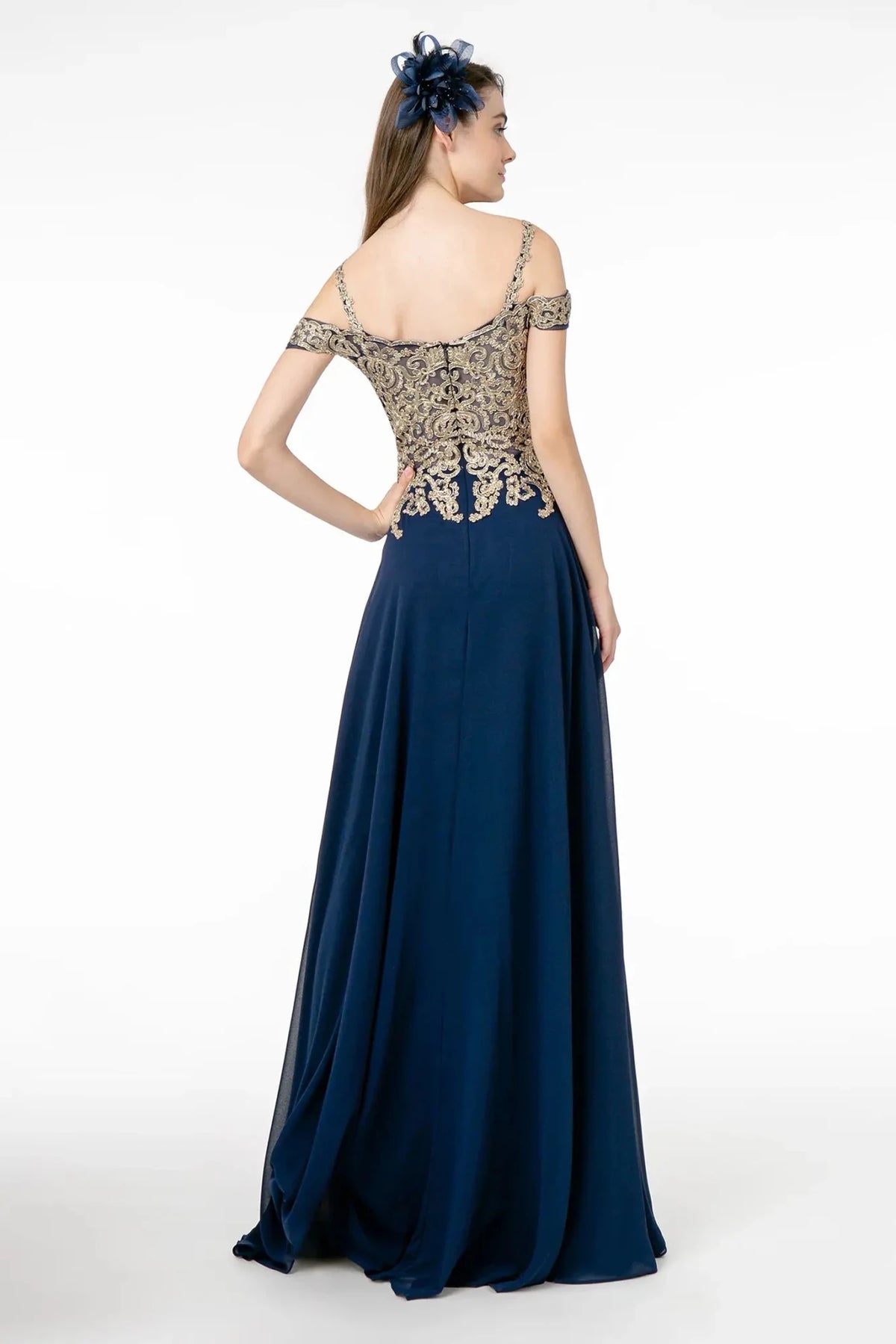 Navy prom evening dress full back with sheer back