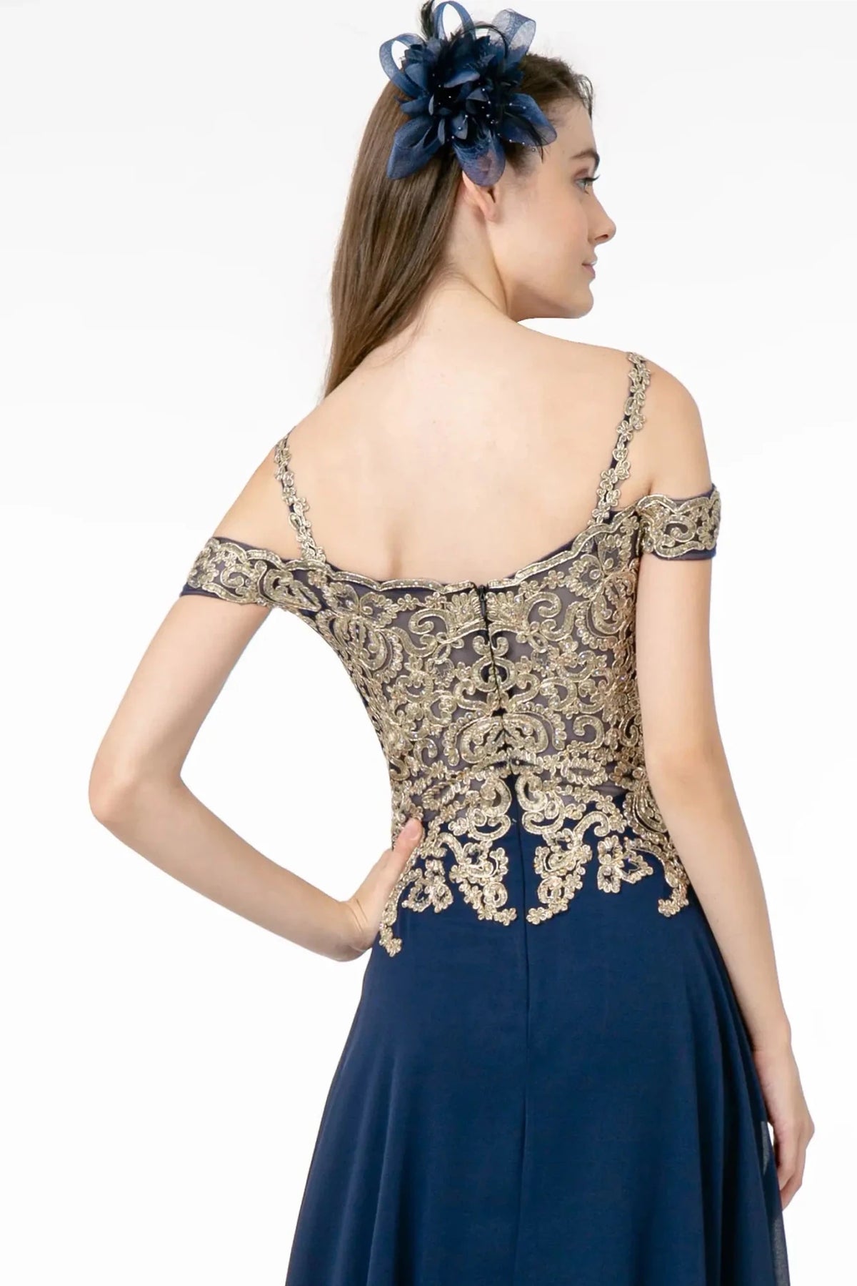 Navy prom evening dress a-line skirt detail