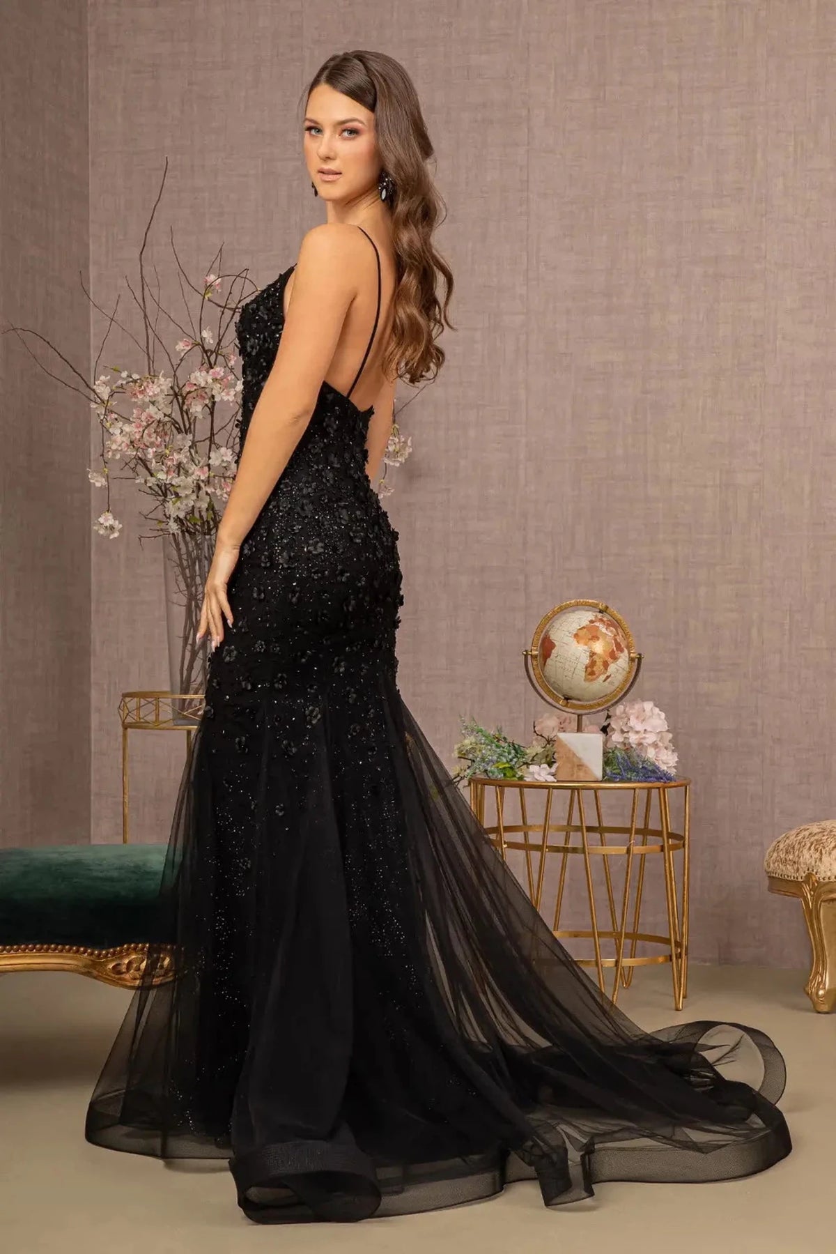 Black prom evening dress full back with open back