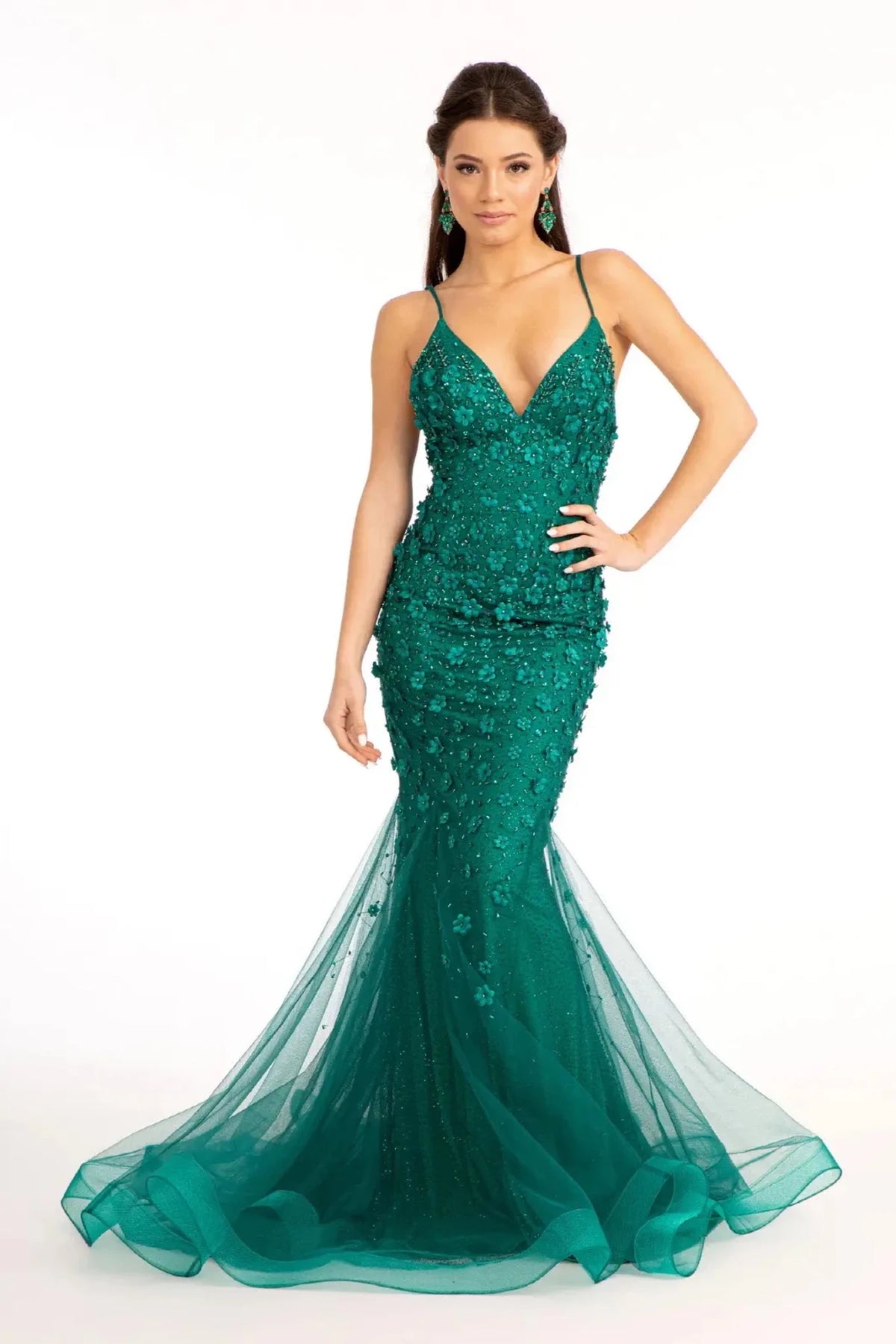 Emerald Green appliqué prom evening dress full front