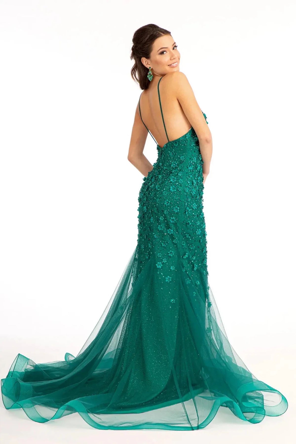 Emerald Green prom evening dress full back with open back