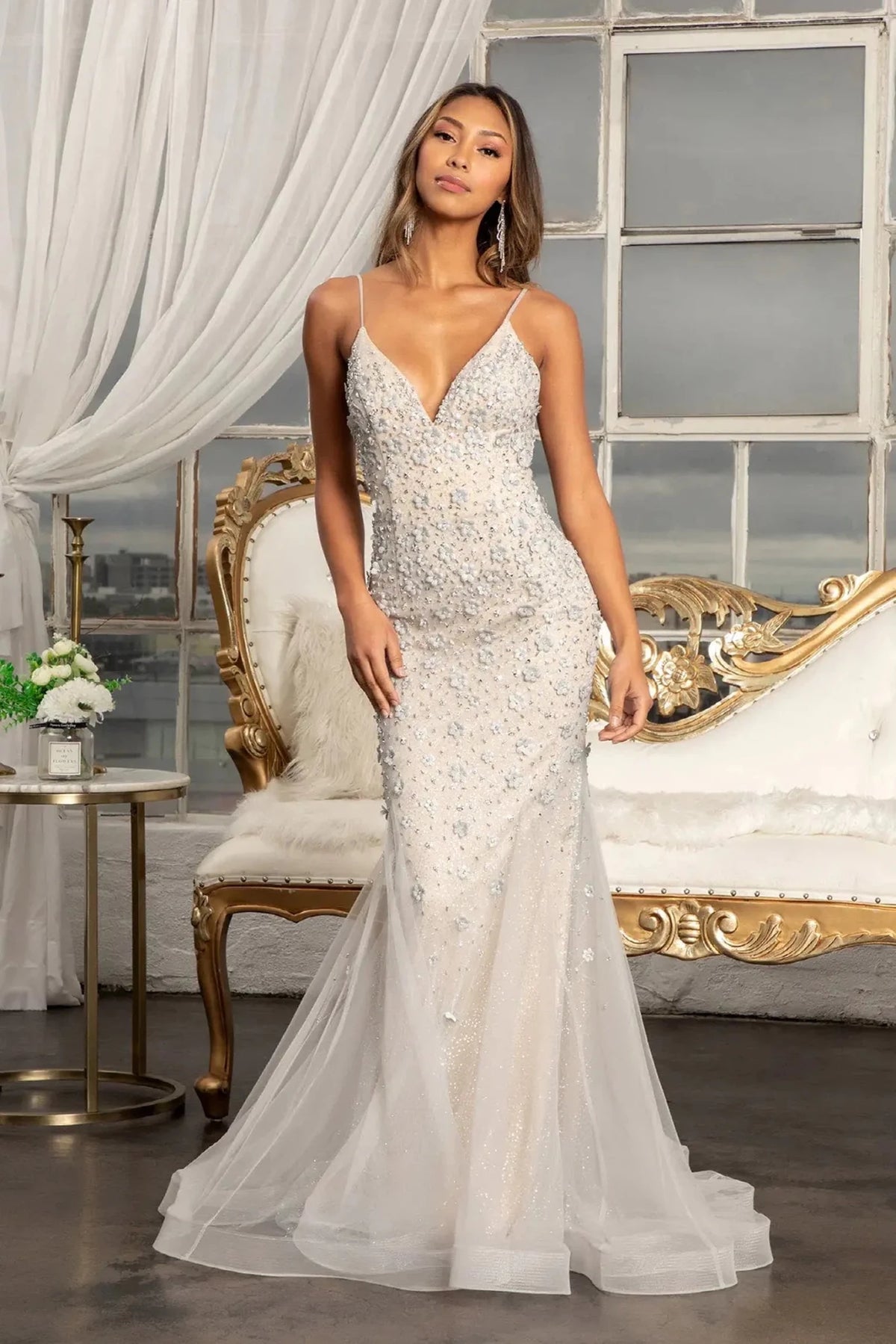 Grey/Nude appliqué prom evening dress full front