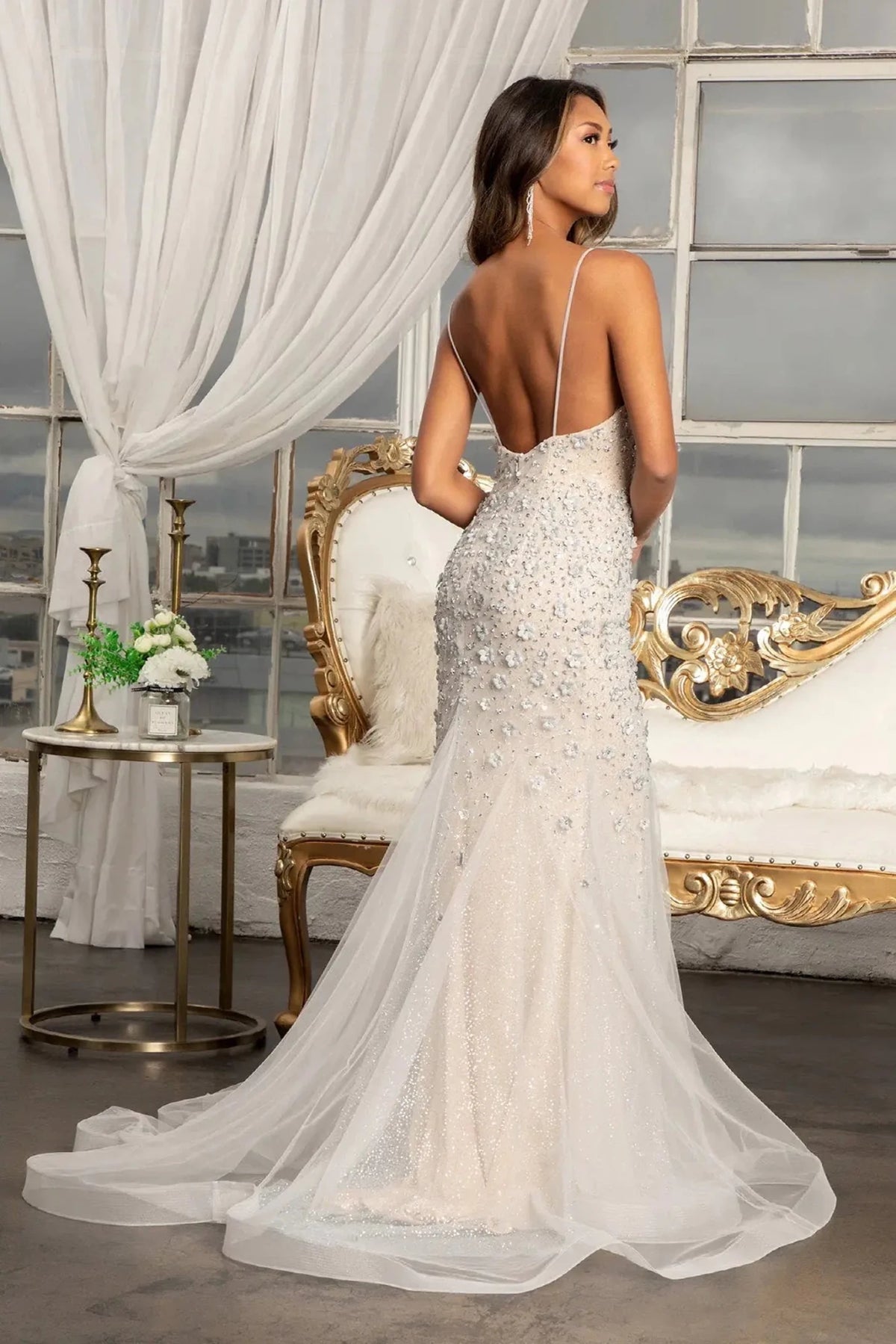 Grey/Nude prom evening dress full back with open back